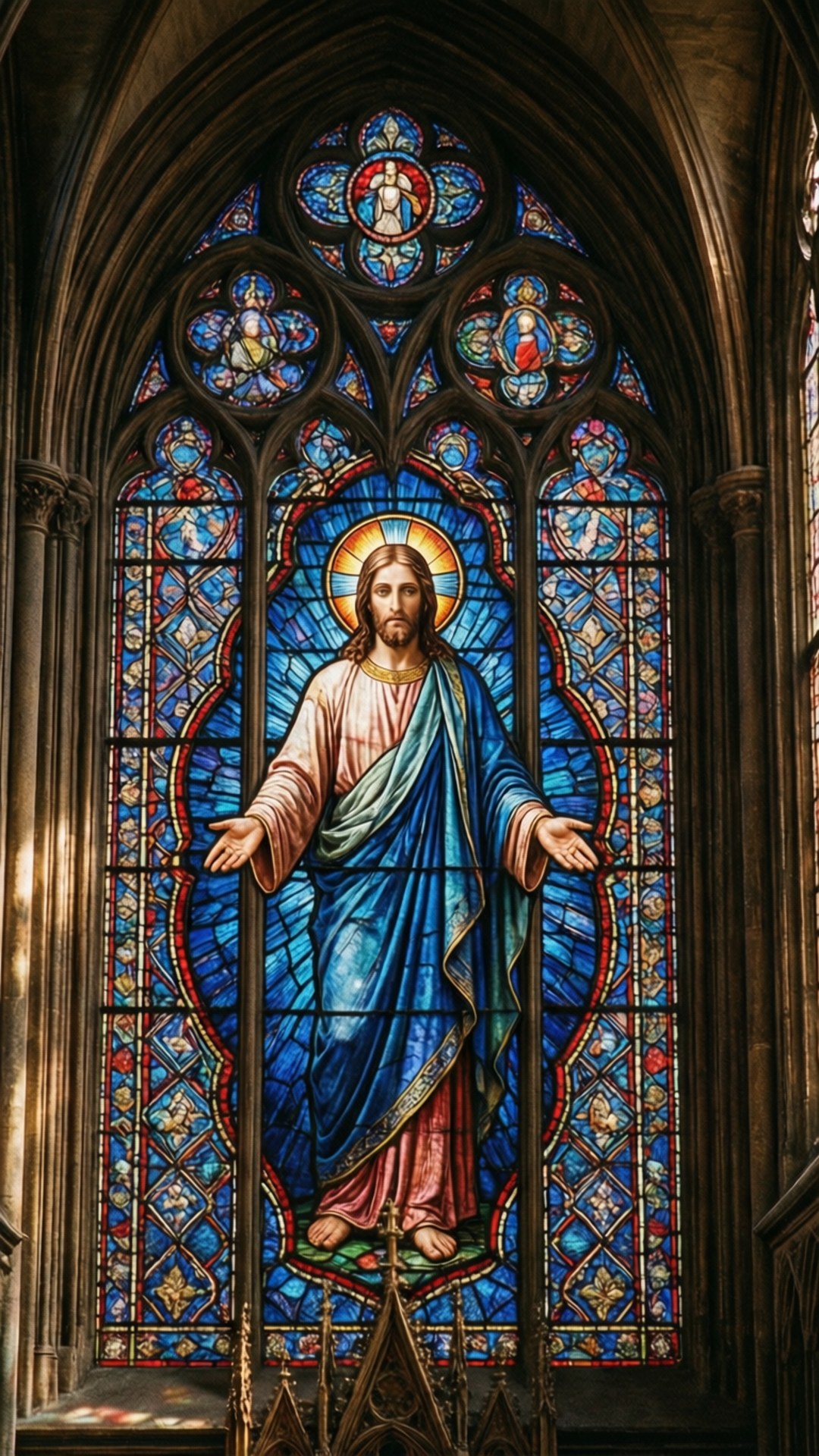 Stained Glass Jesus 壁紙 — 一個大型彩繪玻璃窗描繪耶穌基督張開雙臂，周圍環繞著複雜的藍色花卉圖案和金色光環。