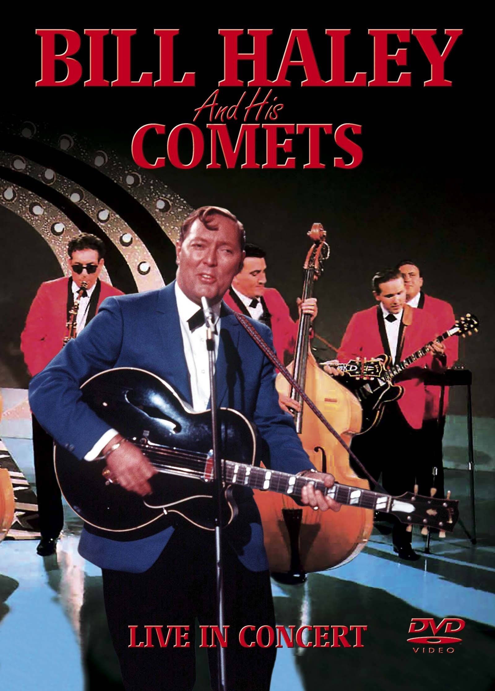 band 桌布 壁紙 — Bill Haley and His Comets 在舞台燈光下穿著紅色外套和藍色西裝現場表演音樂會。