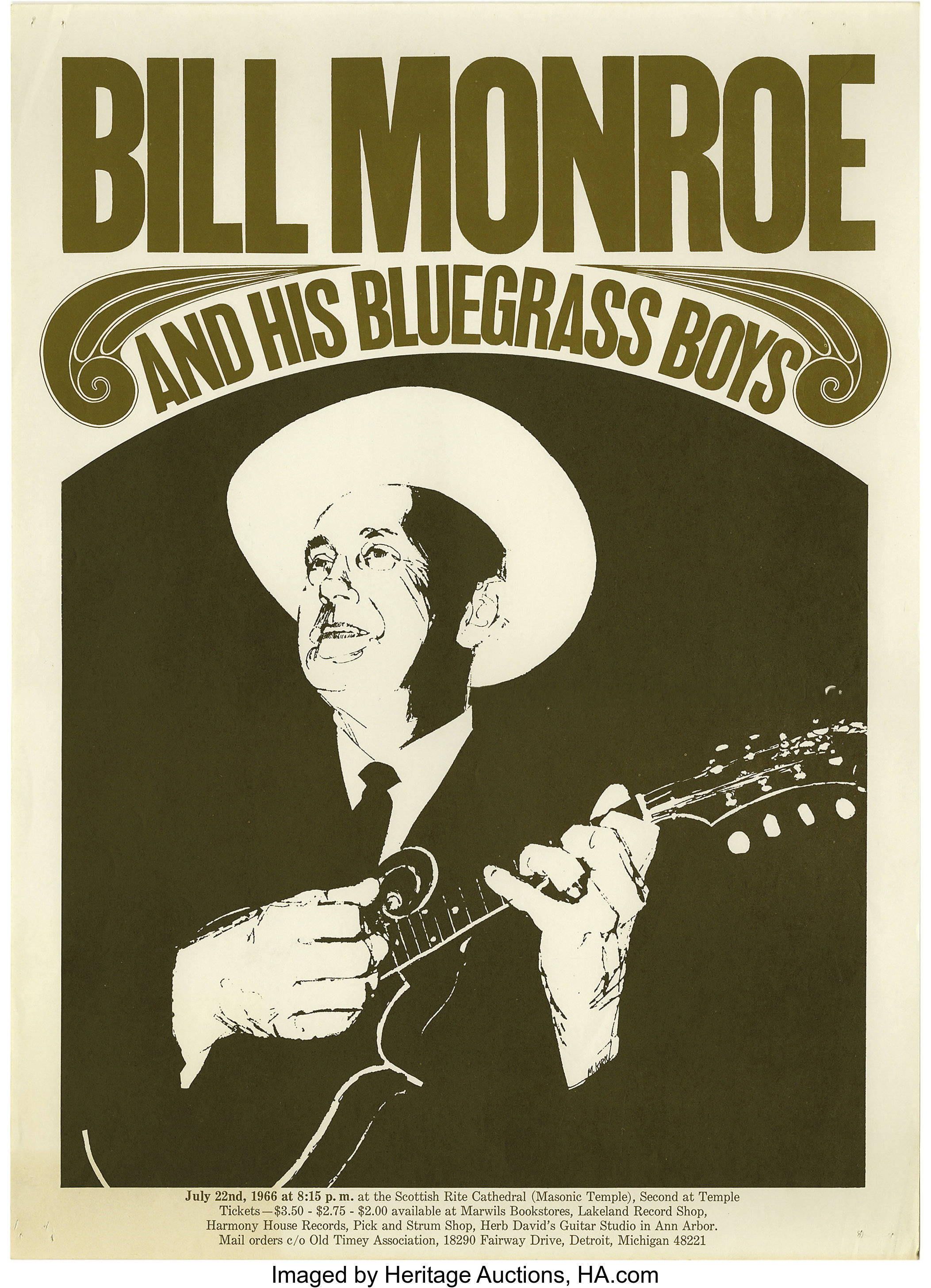 音樂 桌布 壁紙 — Bill Monroe 彈奏曼陀林的復古海報，採用粗體字體和強烈的黑白對比。