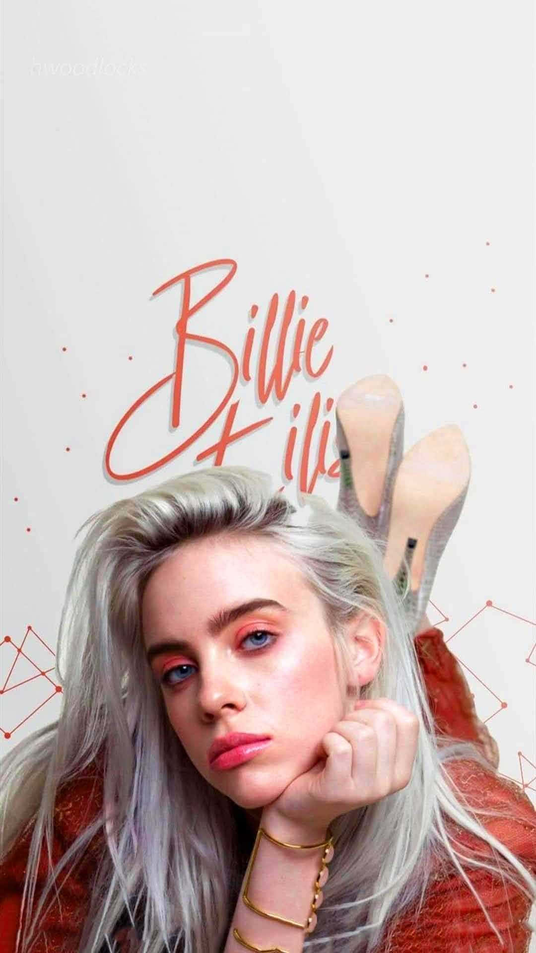 Billie Eilish 2021 桌布 壁紙 — Billie Eilish 在簡約白色背景上擺出和平手勢，背景有紅色幾何裝飾和她的草書名字。