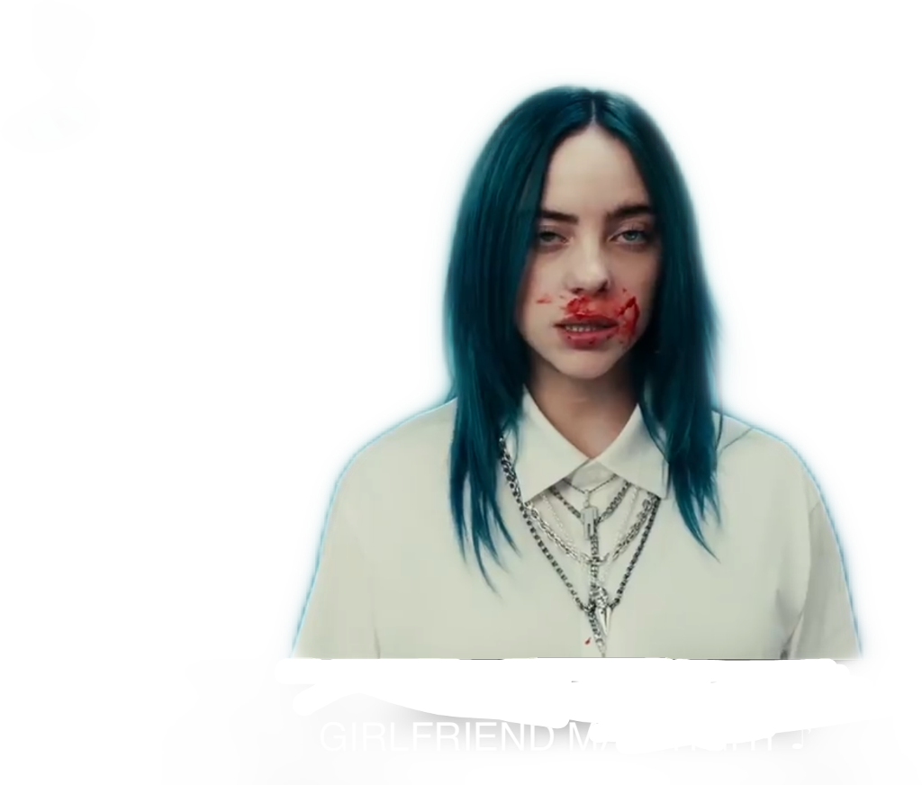 bad 桌布 壁紙 — Billie Eilish 擁有藍綠色頭髮，臉上帶血，背景為黑色。