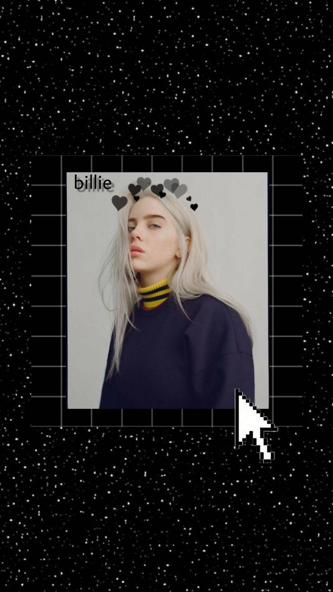 Billie Eilish 身穿深色毛衣的肖像，頭頂有愛心，背景是星空。
