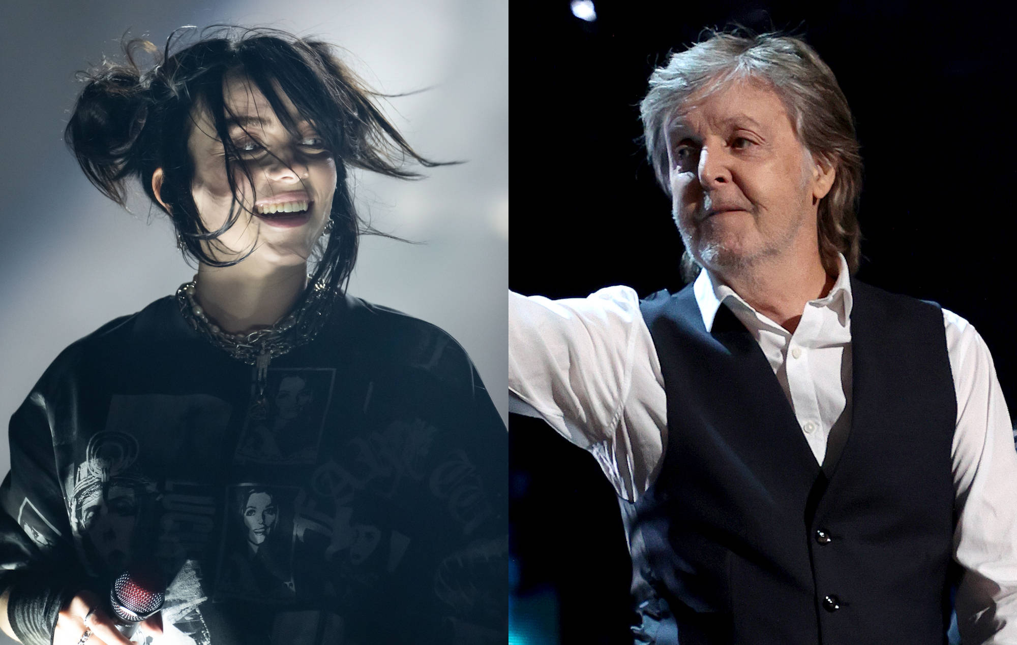 怪奇比莉 桌布 壁紙 — Billie Eilish 笑著，頭髮被風吹亂，旁邊是 Paul McCartney 在明亮燈光下的舞台上做手勢的分割肖像。