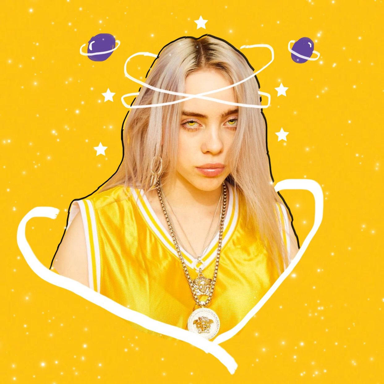 Billie Eilish 身穿黃色緞面運動衫，頭部周圍有宇宙行星和星星。