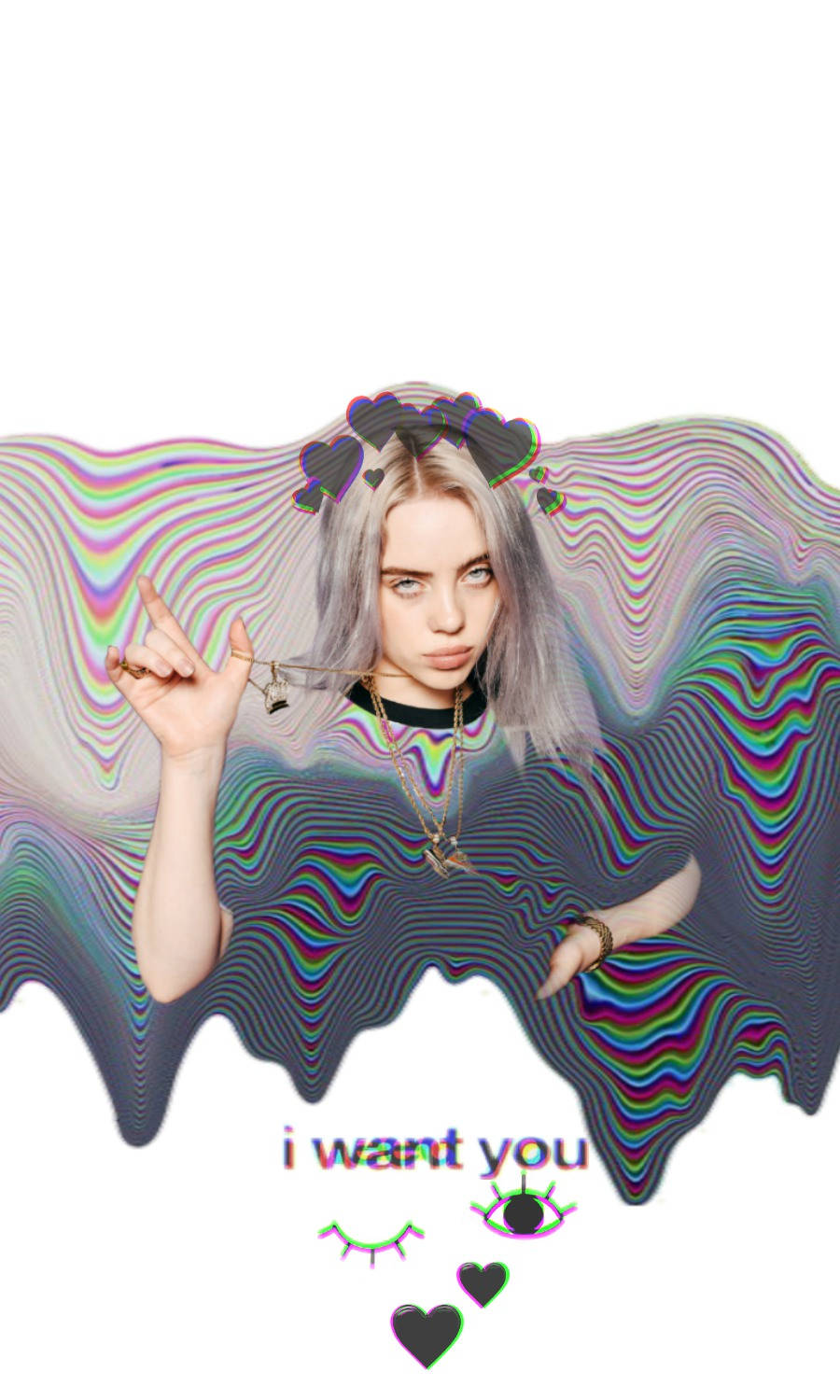 怪奇比莉 桌布 壁紙 — Billie Eilish 銀色頭髮和黑色心形飾品，背景為迷幻彩虹波浪。