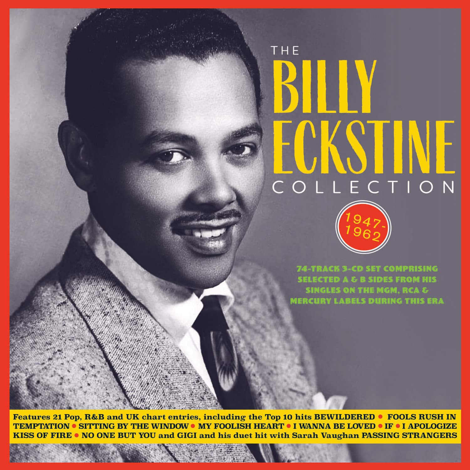 Album Cover 桌布 壁紙 — Billy Eckstine 穿著質感西裝，在灰色背景上以粗體黃色字體溫暖微笑的復古專輯封面肖像。