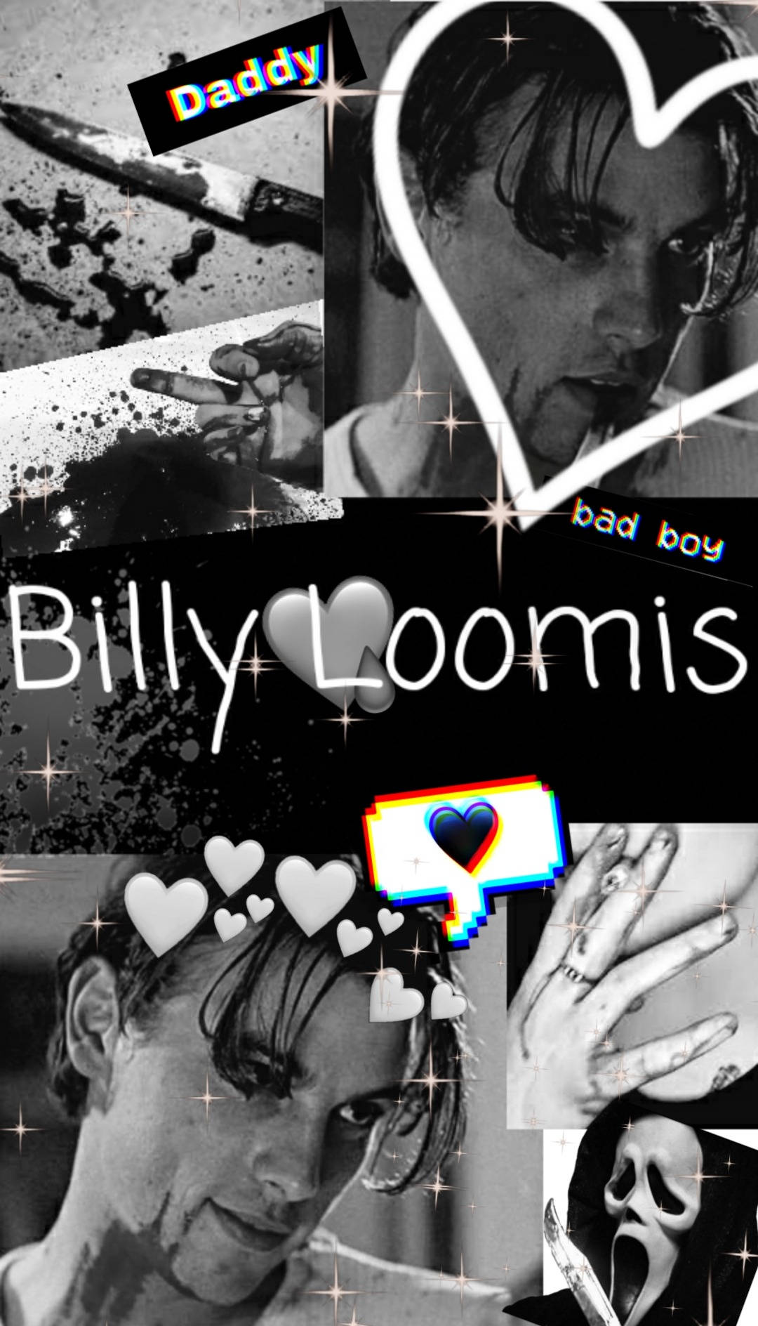 比利·盧米斯 桌布 壁紙 — Billy Loomis 的黑白拼貼畫，帶有心形圖案、刀具和文字疊加，呈現出風格化的粉絲藝術美學。