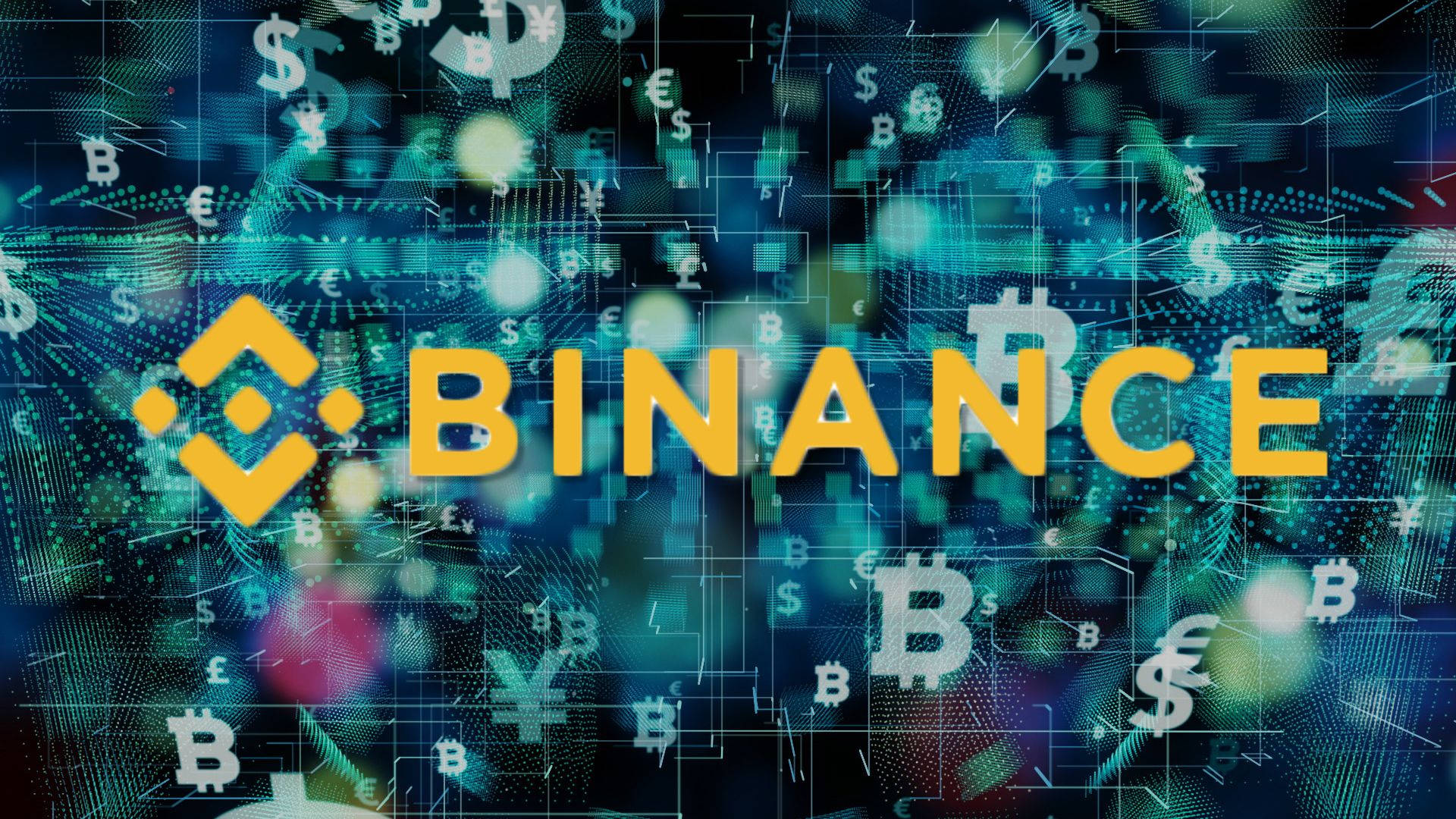 Binance 桌布 壁紙 — Binance 標誌在浮動貨幣符號和發光電路線的數位背景下以鮮明的黃色發光。