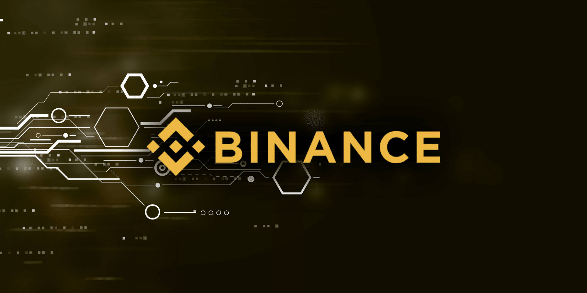 Binance 桌布 壁紙 — Binance 標誌在深色背景上閃耀金色，帶有發光的電路線和六邊形。
