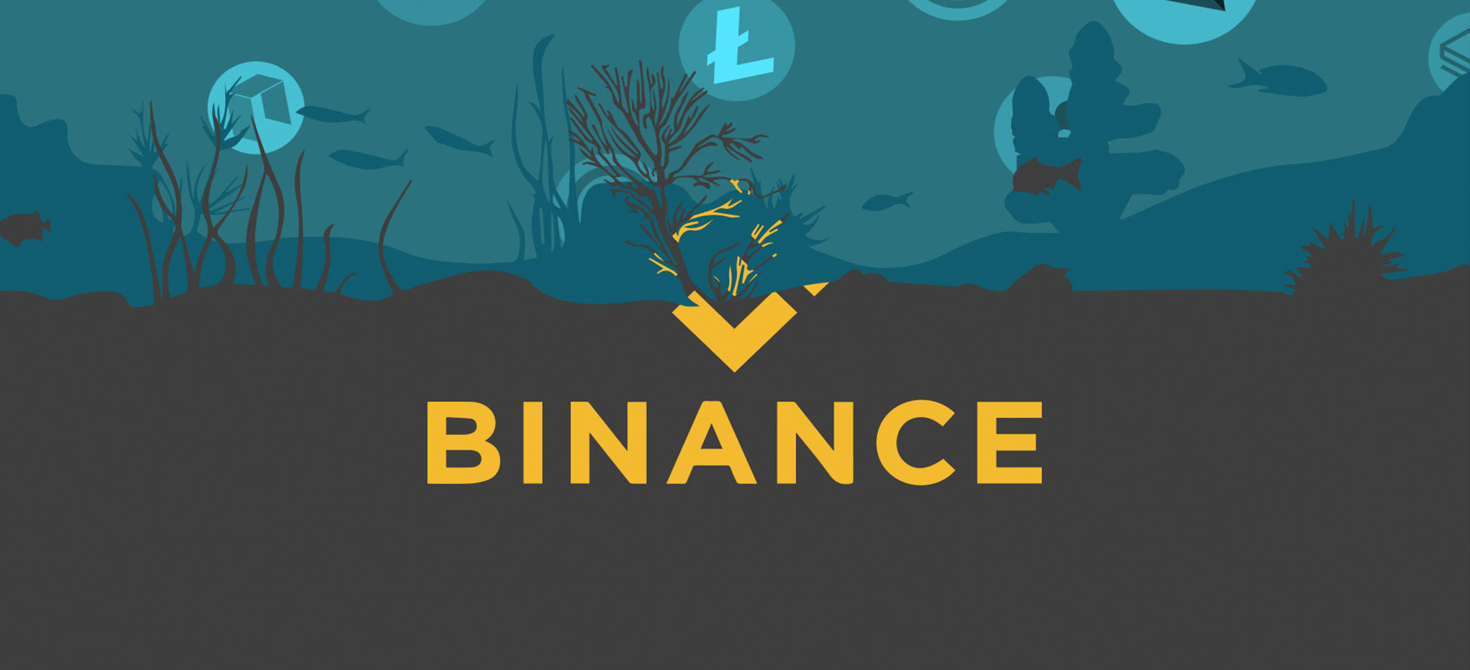 Binance 桌布 壁紙 — Binance 標誌從海底浮現，魚類和加密貨幣符號漂浮在藍綠色水下場景上方。
