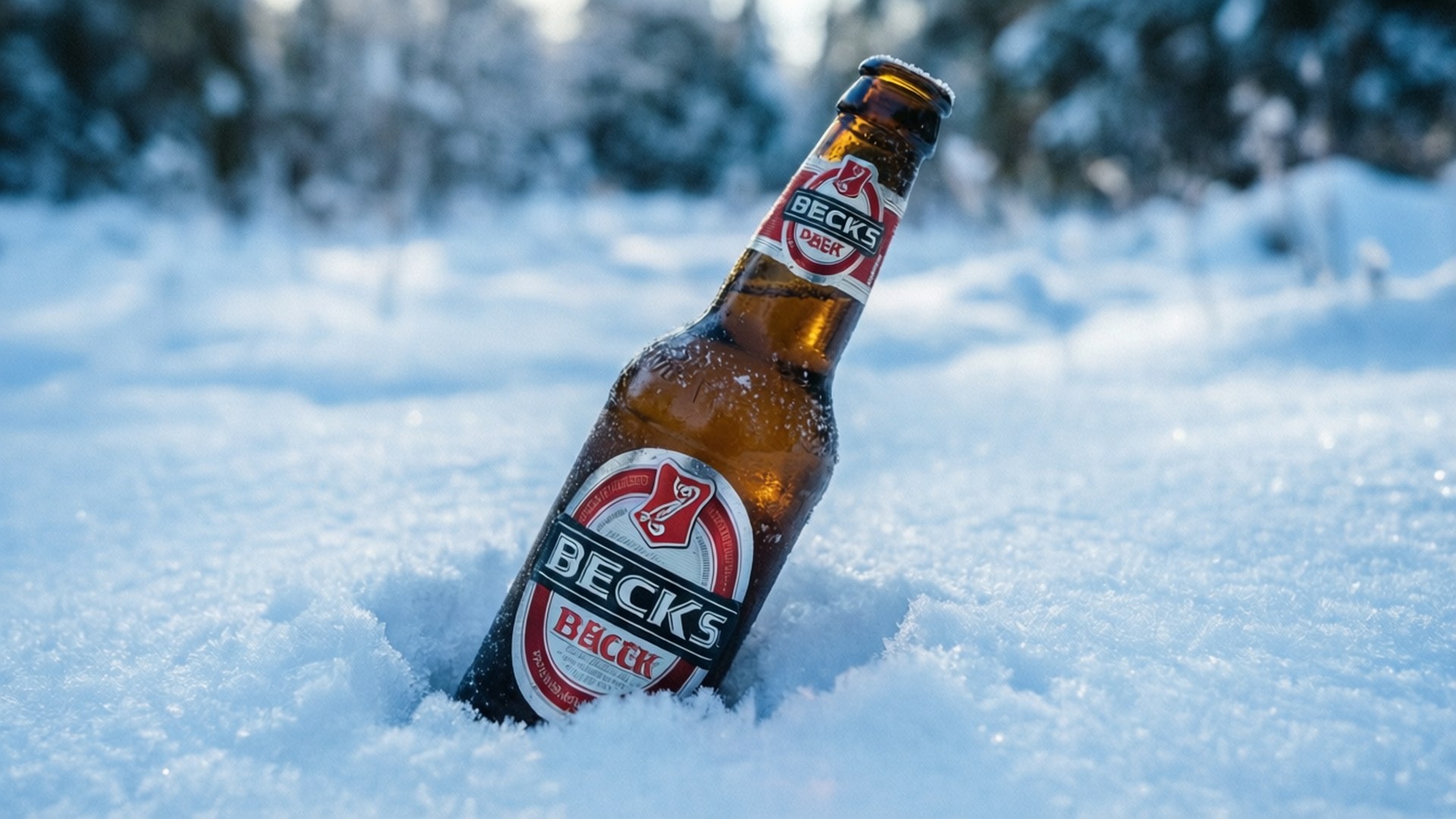 桌布 壁紙 — 一支冰涼的Beck's啤酒瓶半埋在新鮮雪中，背景是模糊的冬季樹木。
