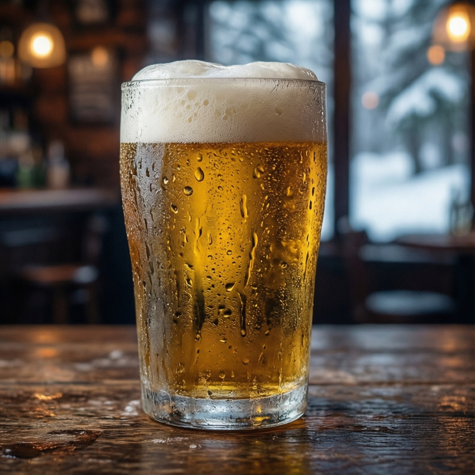 Cold Beer Condensation 壁紙 — 一杯冰涼的金色啤酒，帶有白色泡沫，放在質樸的木吧檯上，冷凝水滴在溫暖的環境光中閃閃發光。