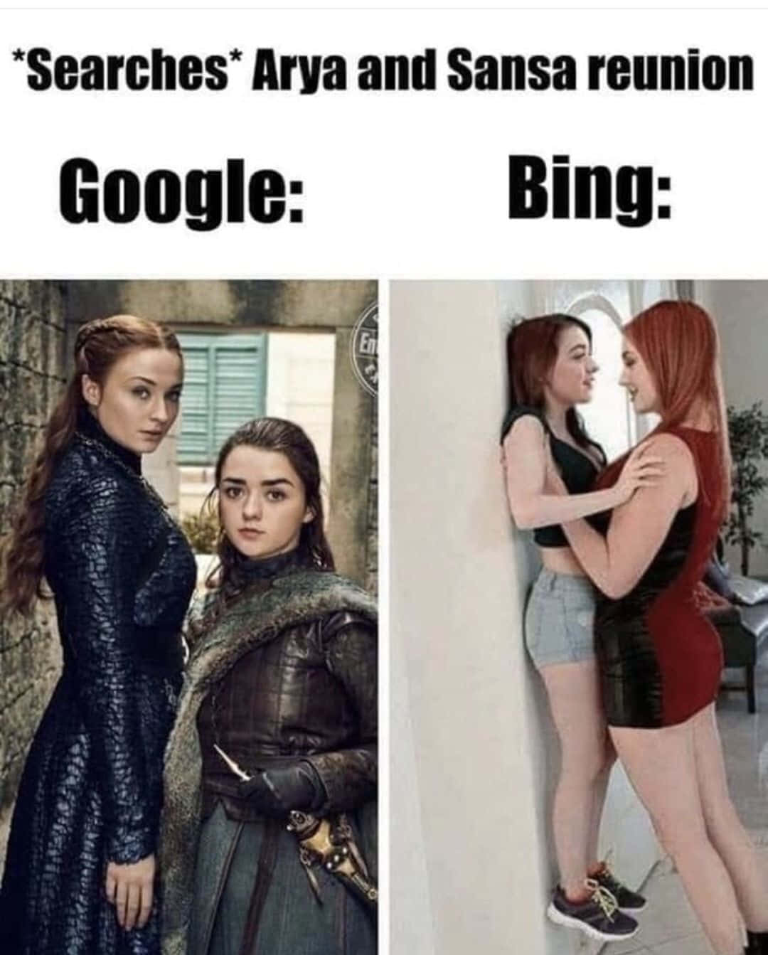 顯示 Google 和 Bing 搜尋 Arya 和 Sansa 重逢結果的迷因。 — Meme 壁紙