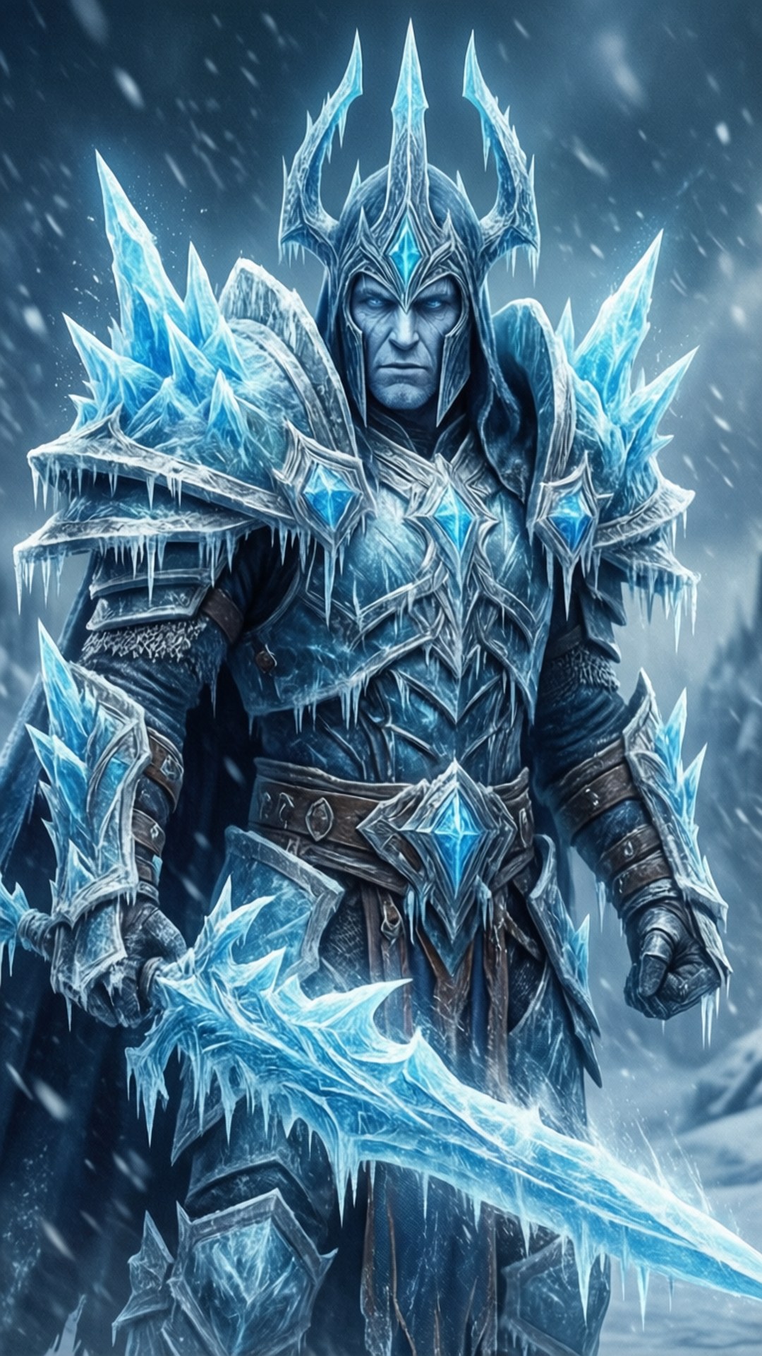 桌布 壁紙 — 一個身穿尖刺盔甲的兇猛冰霜戰士，在暴風雪背景下揮舞著發光的冰霜之刃。