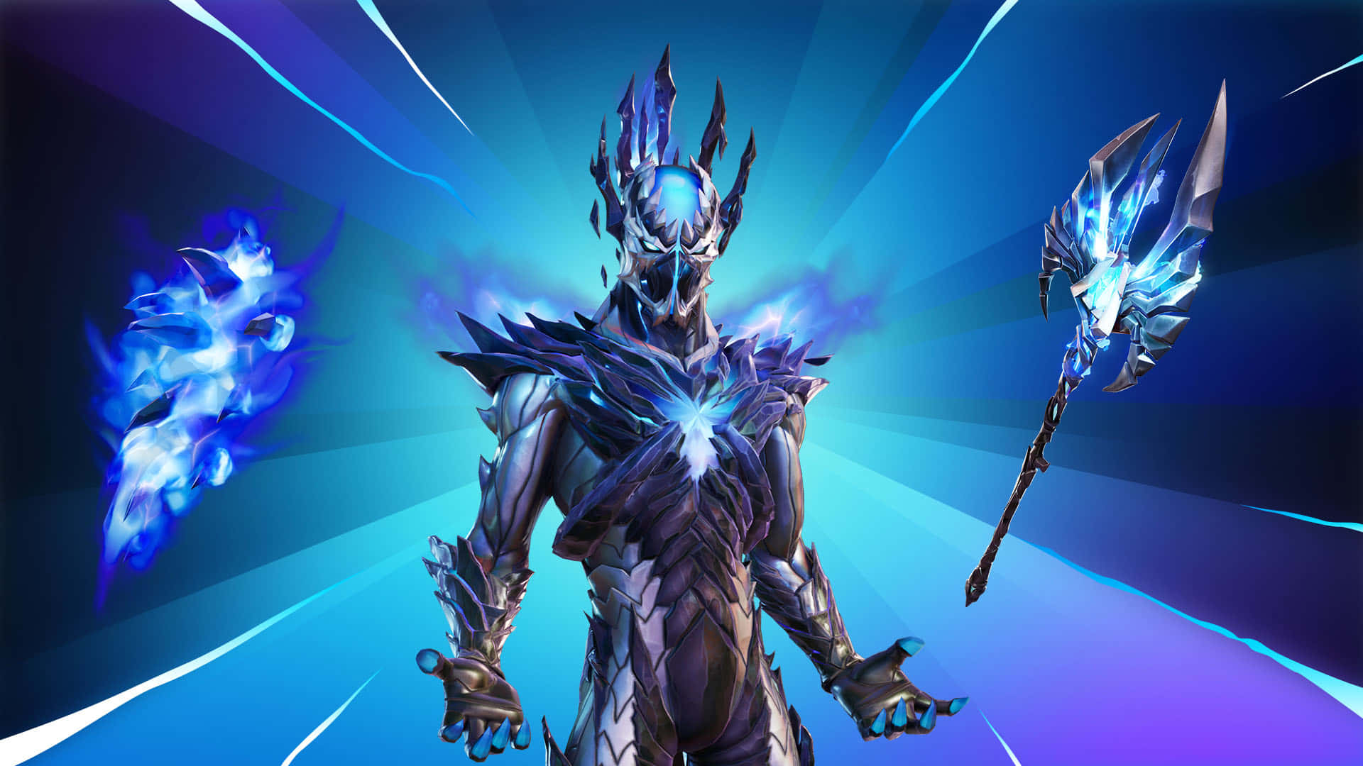 一個身穿尖刺盔甲的發光冰戰士，手持魔法斧頭。 — Fortnite 壁紙
