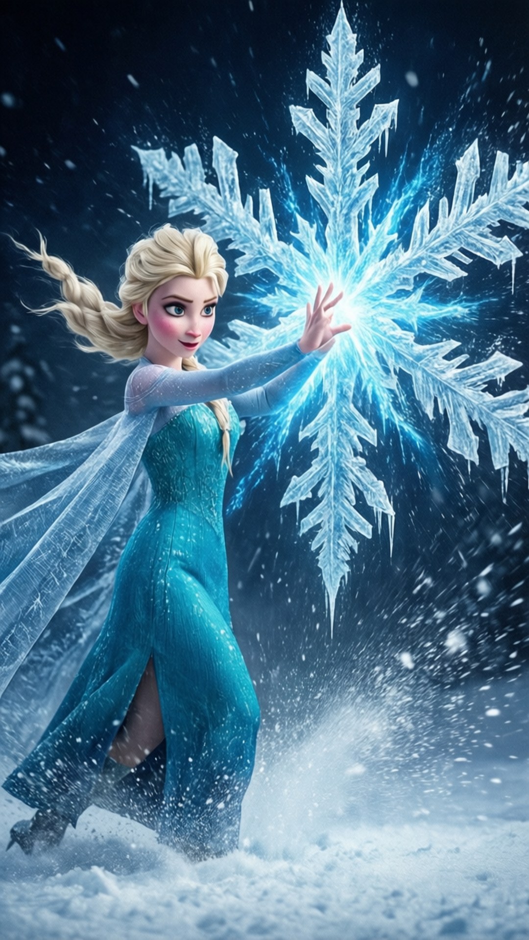 Elsa Creates Giant Snowflake 壁紙 — 《冰雪奇緣》中的艾莎在雪白的冬季場景中用魔法召喚出一個巨大的發光藍色雪花。