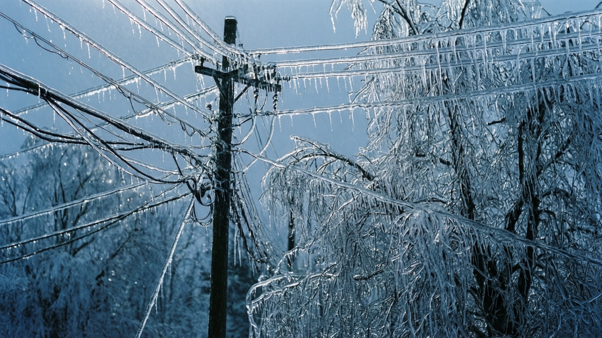 Ice Storm Glaze 壁紙 — 冰柱從結冰的電線和樹上垂下，映襯著淡藍色的冬日天空。