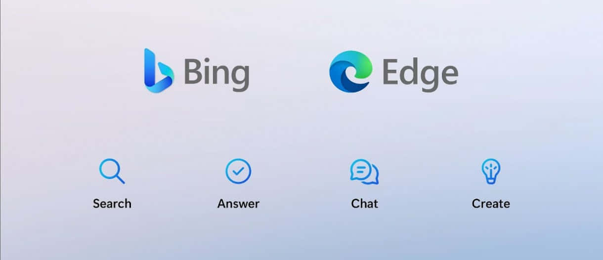 Bing 和 Edge 應用圖示，包含搜尋、回答、聊天和建立功能。