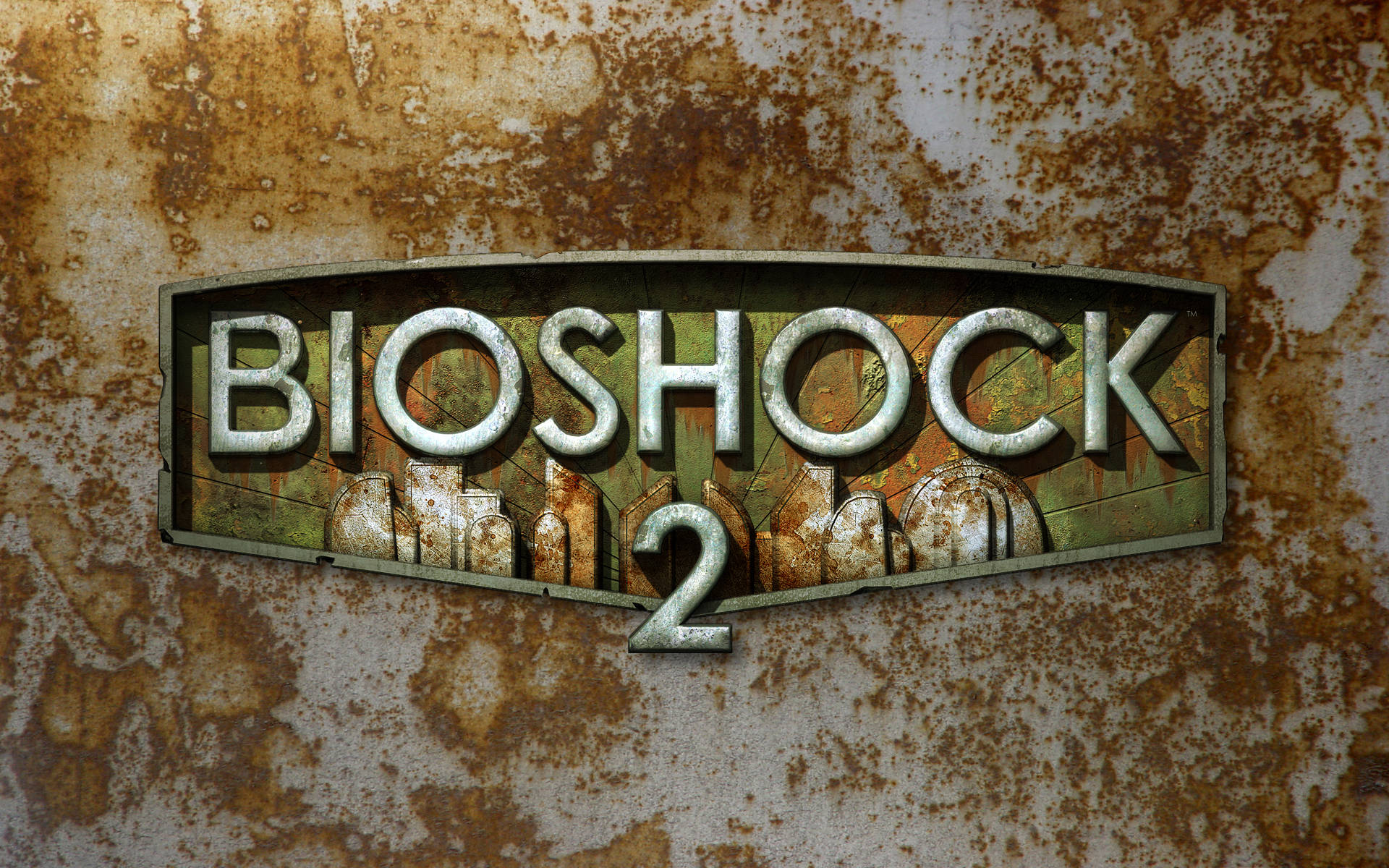 bioshock 4K 桌布 壁紙 — 「Bioshock 2」標誌以風化金屬字母嵌入鏽蝕表面，帶有剝落油漆和腐朽紋理。