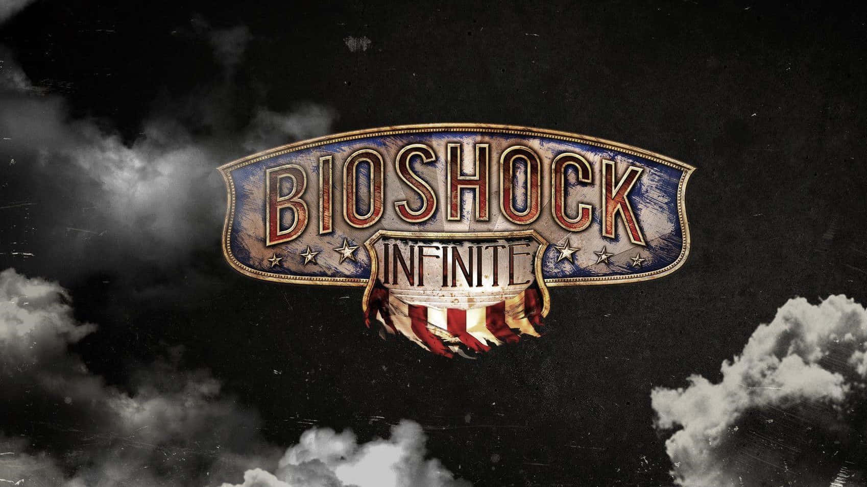 Best Bioshock Infinite 桌布 壁紙 — BioShock Infinite 標誌戲劇性地漂浮在暴風雨的天空中，伴隨著旋轉的雲彩和復古美式設計元素。