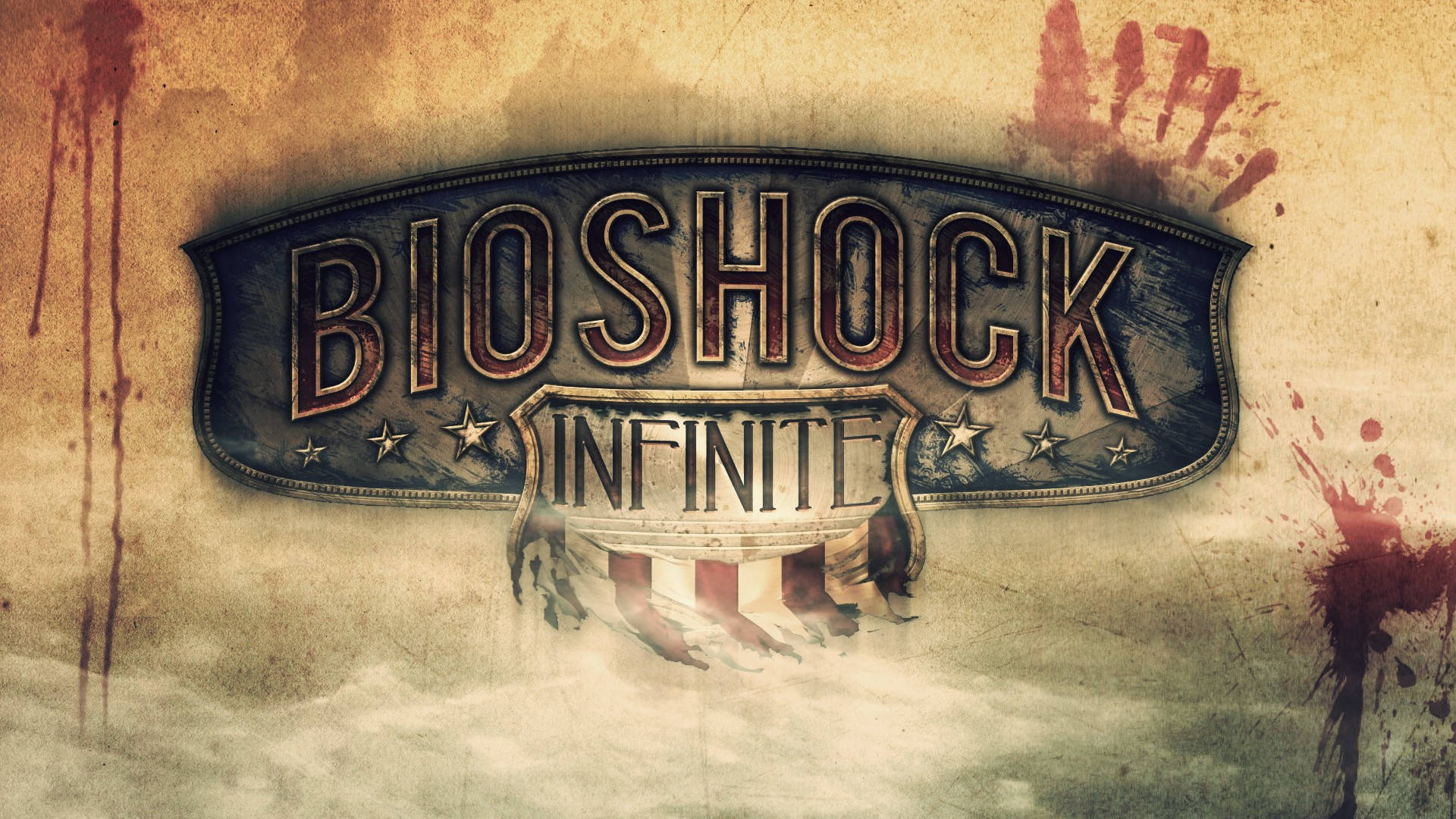 電玩遊戲 桌布 壁紙 — Bioshock Infinite 標誌在風化的羊皮紙背景上閃耀著暗淡的黃銅和血跡。