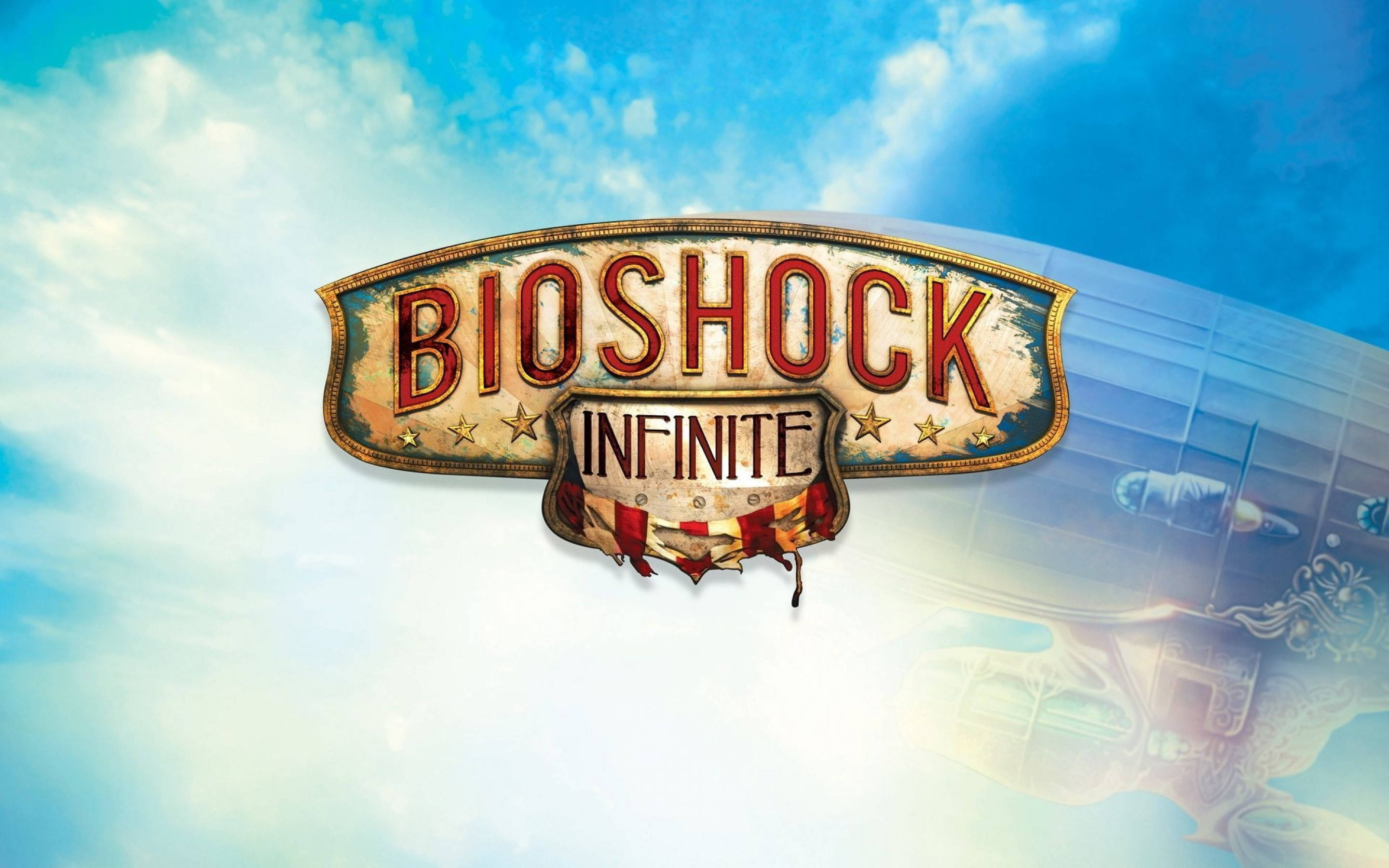 bioshock 4K 桌布 壁紙 — Bioshock Infinite 標誌在明亮的藍天、蓬鬆的雲朵和模糊的城市天際線剪影中閃耀。