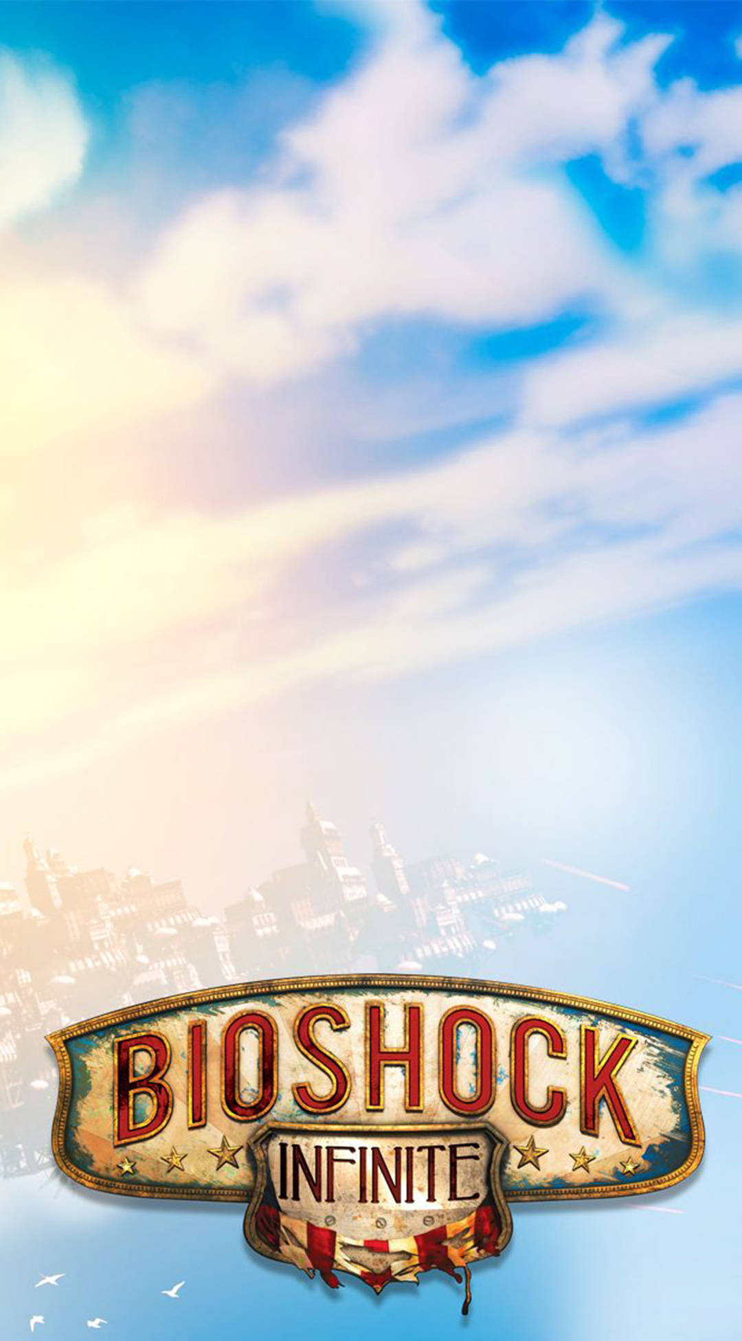 Bioshock Infinite iPhone 桌布 壁紙 — Bioshock Infinite 標誌在明亮的藍天、蓬鬆的雲朵和遠處的城市景觀中閃耀。