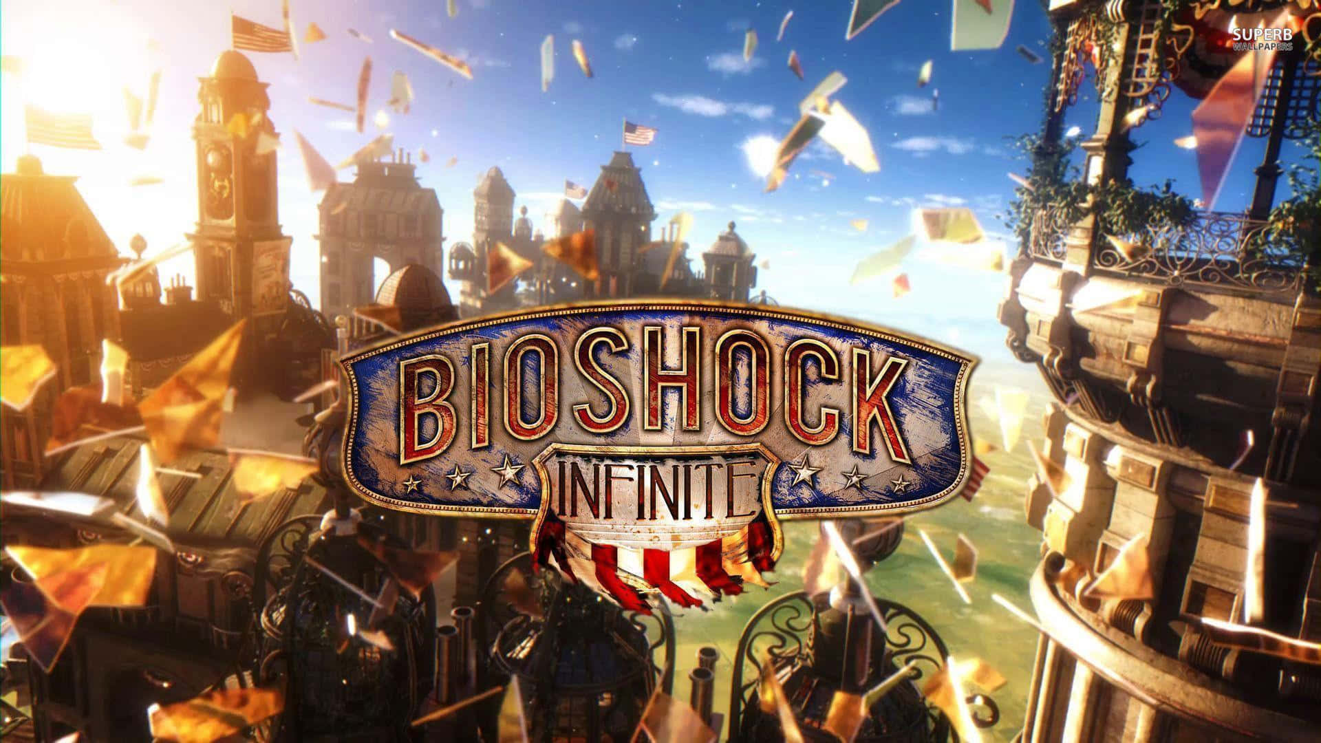 Best Bioshock Infinite 桌布 壁紙 — Bioshock Infinite 標誌在飄落的旗幟中漂浮在一個陽光普照、擁有華麗建築和清澈藍天的浮空城市上空。