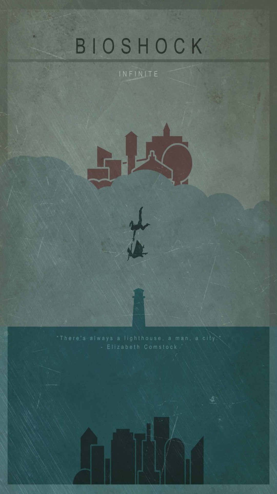 安卓 桌布 壁紙 — Bioshock Infinite 的極簡海報，展示燈塔上方的浮空城市和下方的水下城市。