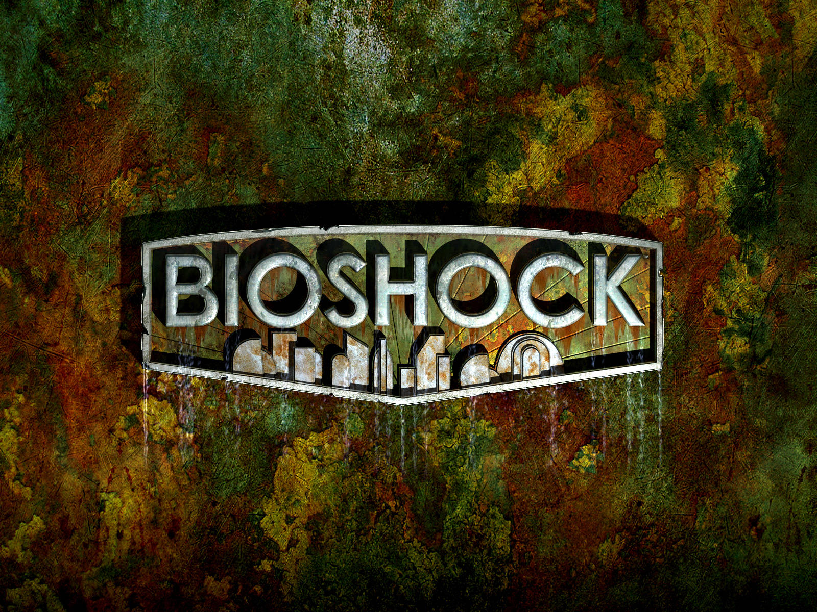 bioshock 4K 桌布 壁紙 — Bioshock 標誌在帶有滴水效果的腐蝕生鏽牆壁上閃耀著金屬光澤。