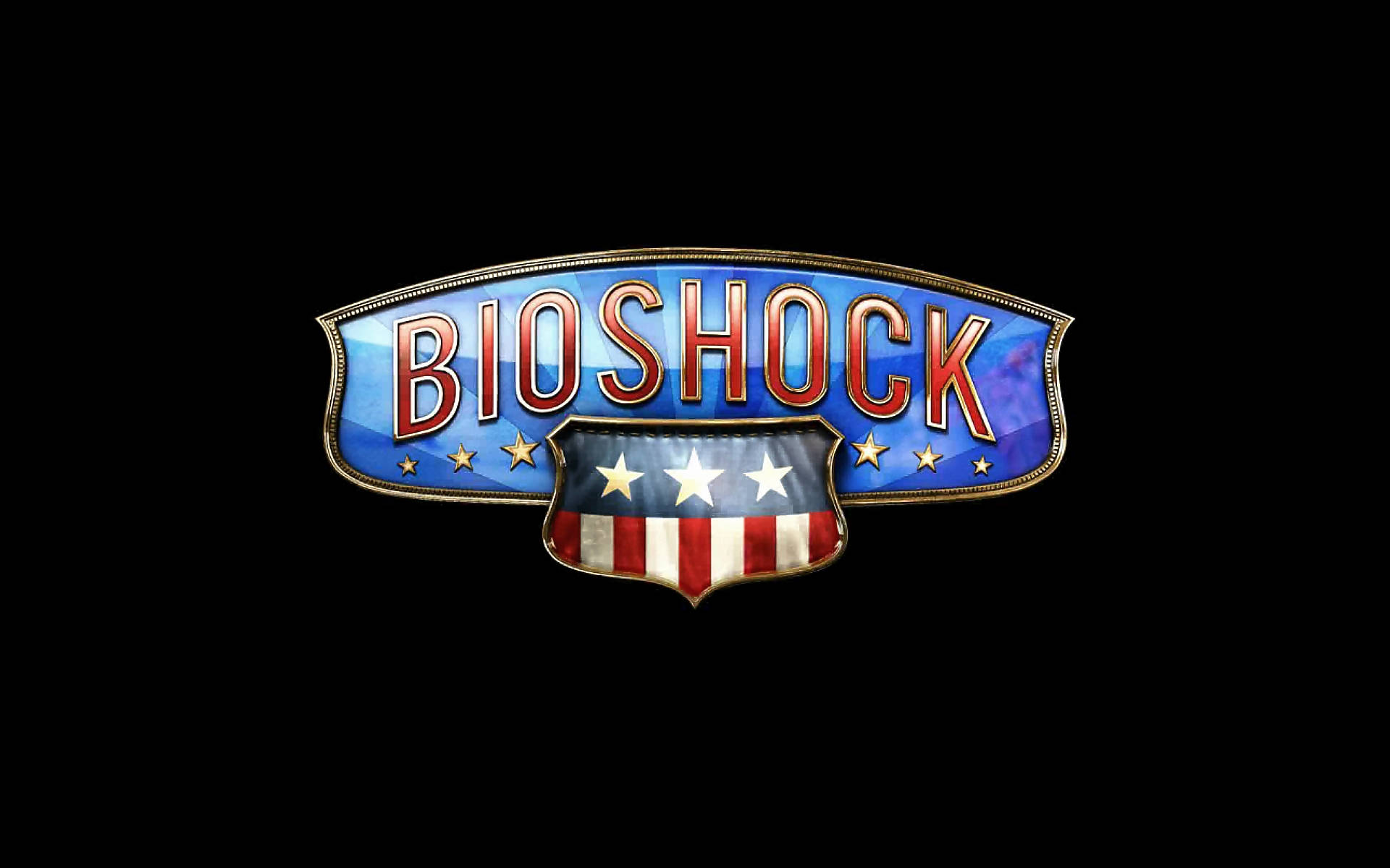 bioshock 4K 桌布 壁紙 — Bioshock 標誌在純黑背景上閃耀著愛國星條旗圖案。
