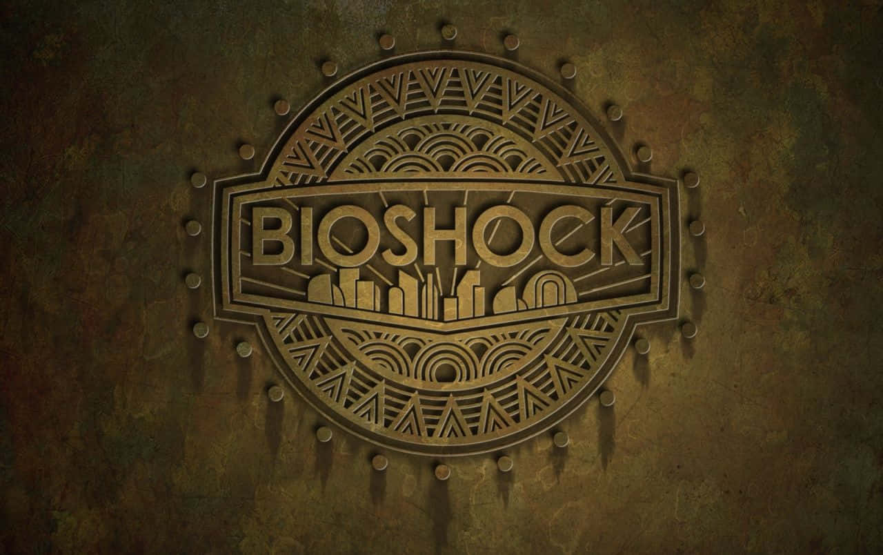 桌布 壁紙 — Bioshock 標誌壓印在生鏽的金屬上，帶有複雜的幾何圖案和鉚釘投射陰影。