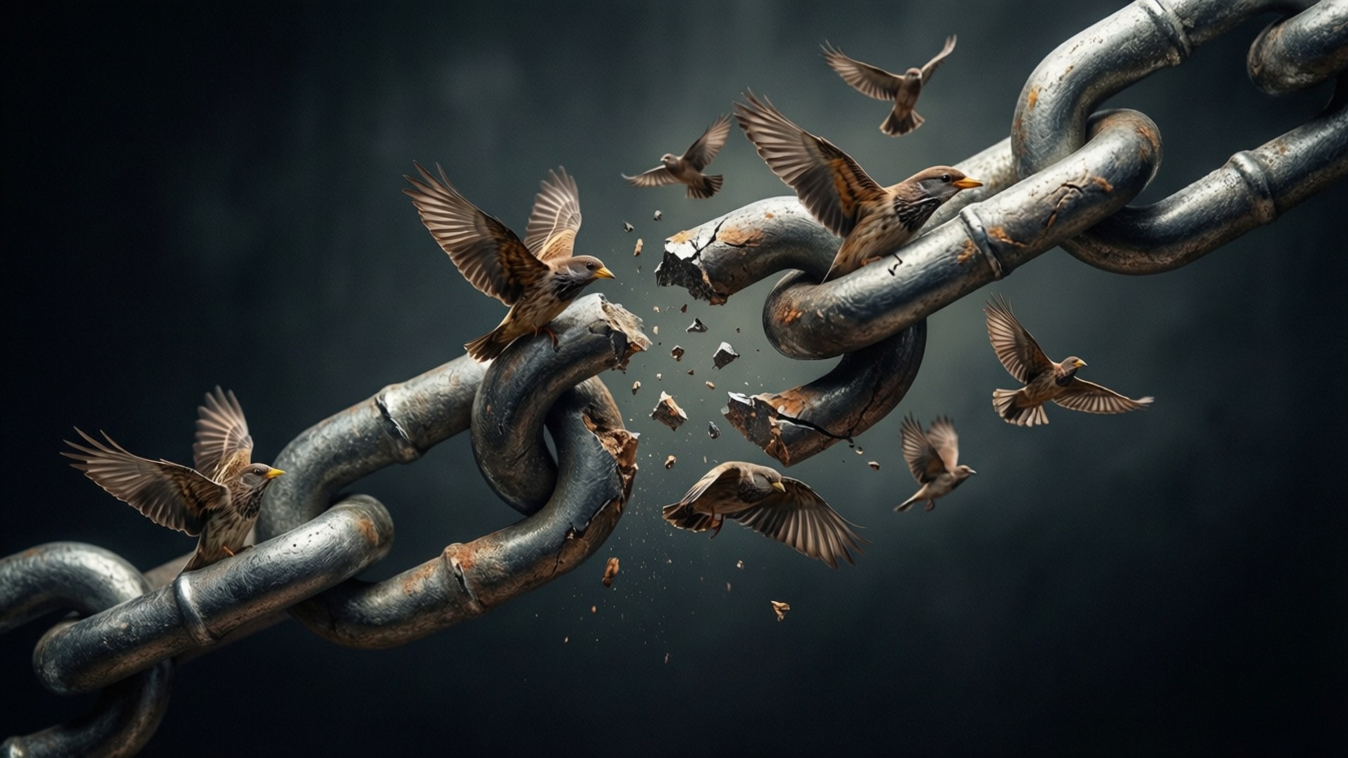 Breaking Chains 壁紙 — 鳥兒們在戲劇性的黑暗場景中粉碎巨大的生鏽鎖鏈，掙脫束縛。
