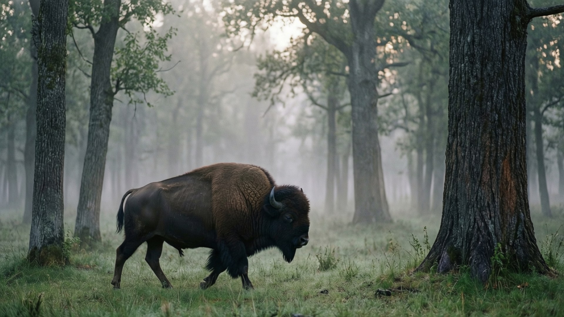 Buffalo in Misty Forest 壁紙 — 一頭大型野牛，披著蓬鬆的棕色皮毛，走過一片霧氣瀰漫的森林，高大的樹木和柔和的晨光透過樹冠灑落。