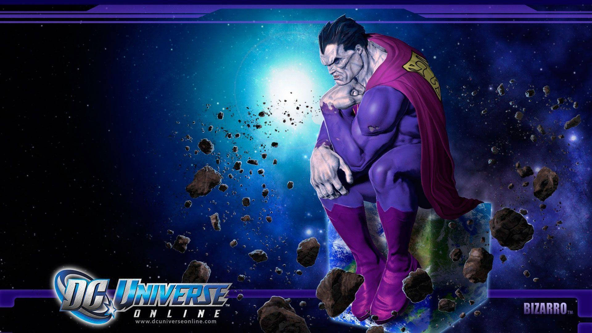 電玩遊戲 桌布 壁紙 — Bizarro Superman 坐在宇宙虛空中，周圍漂浮著小行星，背後有一顆發光的藍色星星。