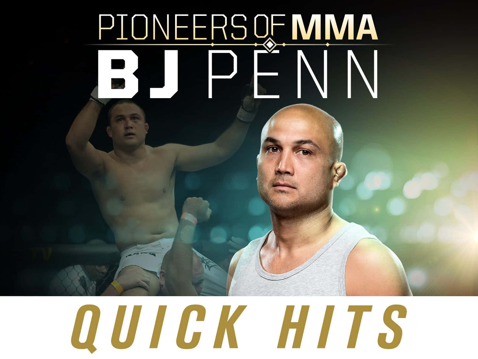 UFC 桌布 壁紙 — BJ Penn自信地穿著灰色背心，身後有模糊的戰鬥圖像和粗體文字。
