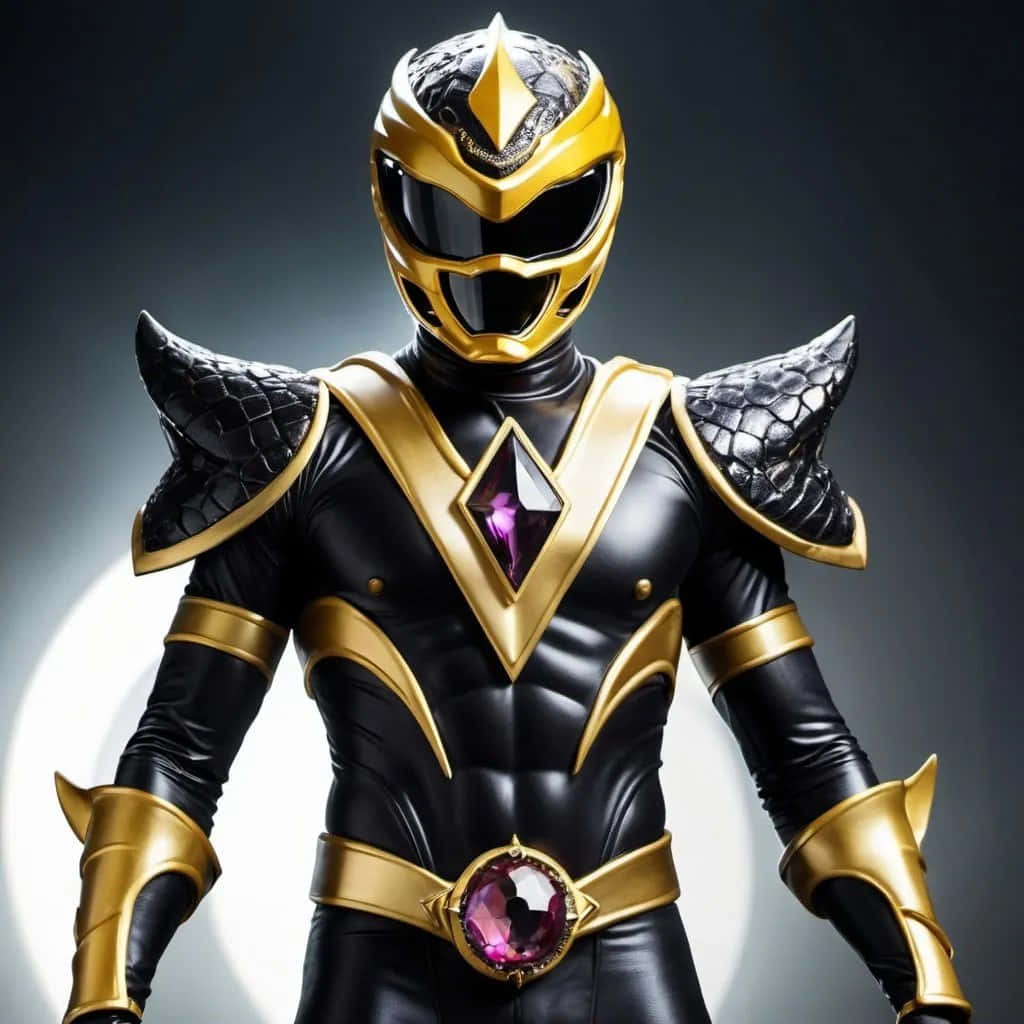  壁紙 — 一個黑色和金色的裝甲Power Ranger自信地站在深色漸變背景前，背後有發光的圓形光。