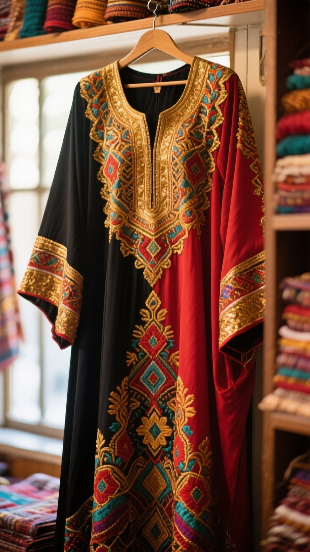 Saudi Embroidered Dress 壁紙 — 一件黑色和紅色的長袍，帶有金色、藍綠色和深紅色的刺繡，掛在紡織品店的木衣架上。