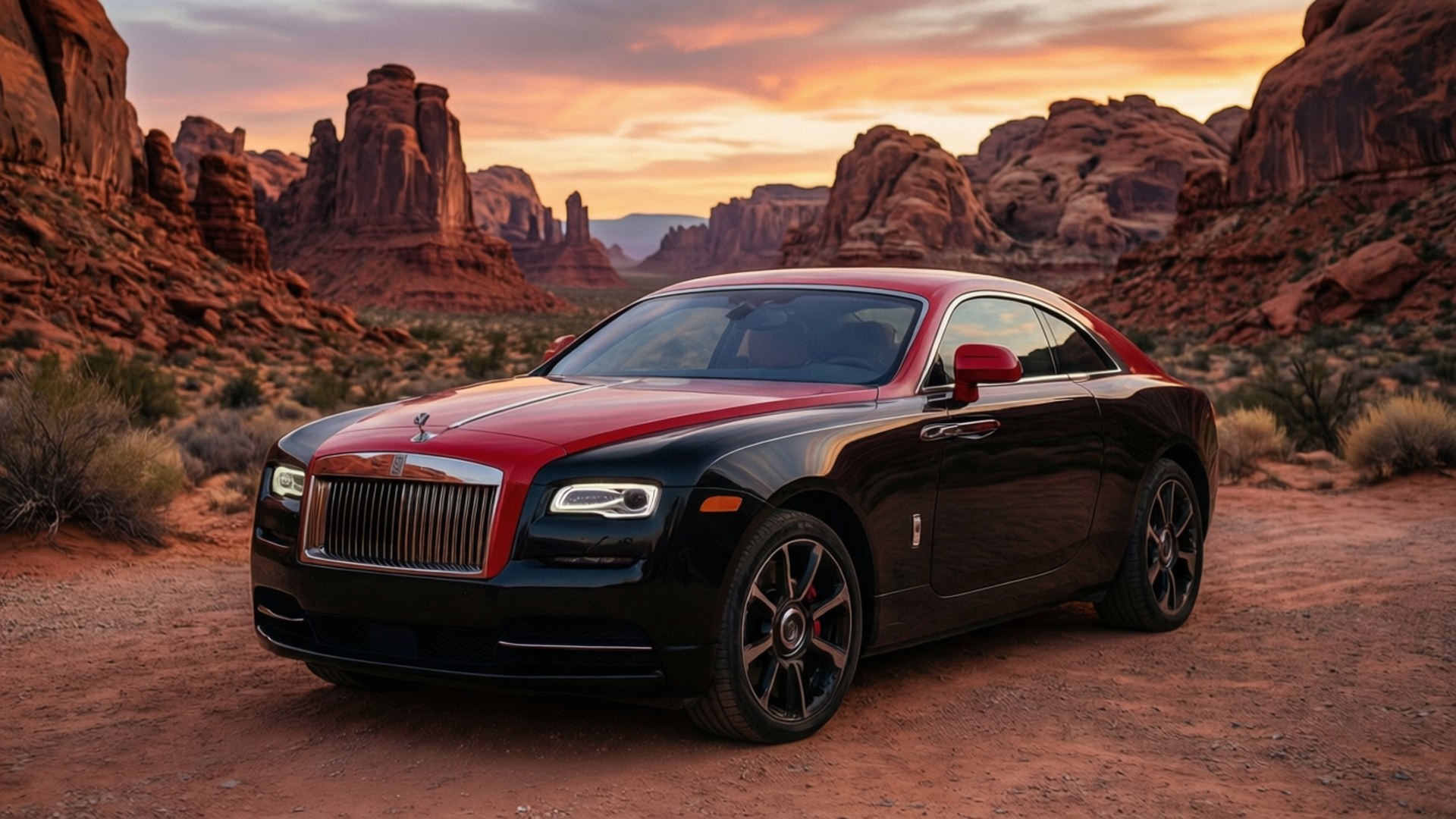 Canyon Wraith 壁紙 — 一輛黑色和紅色的勞斯萊斯魅影停在塵土飛揚的沙漠公路上，背景是夕陽和紅色岩層。
