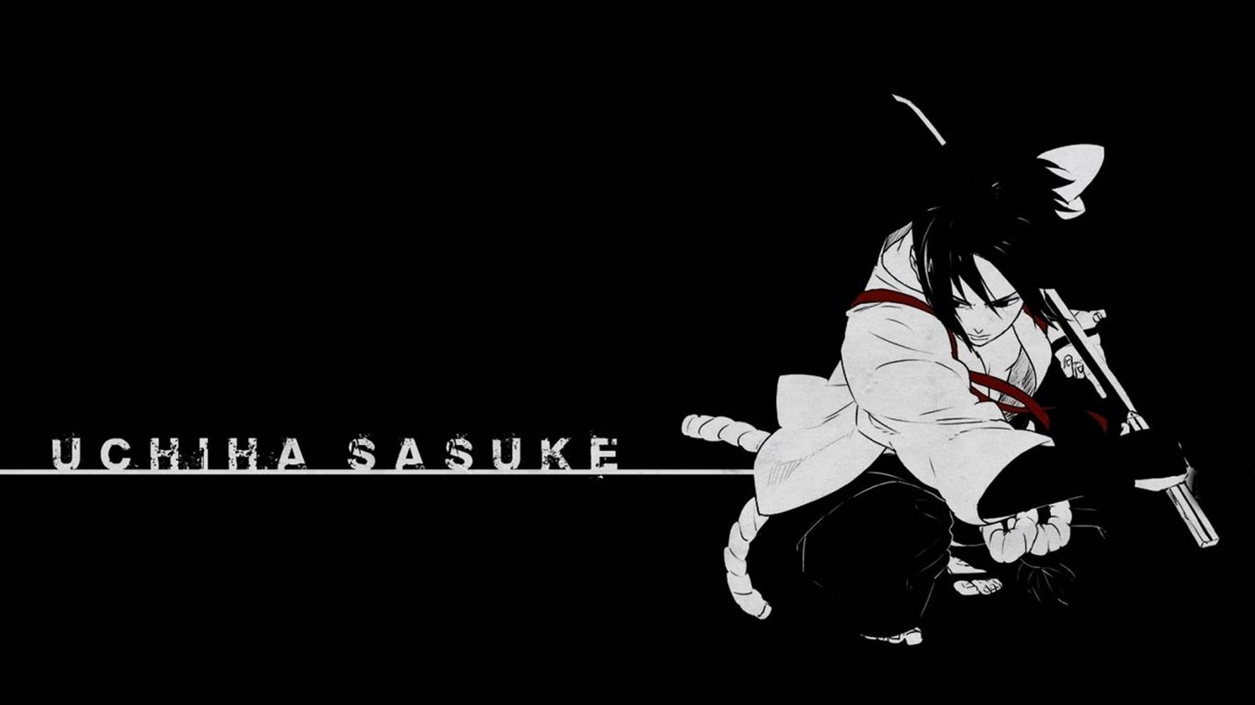 動畫角色宇智波佐助在黑色背景上蹲著手持苦無。 — Sasuke 壁紙