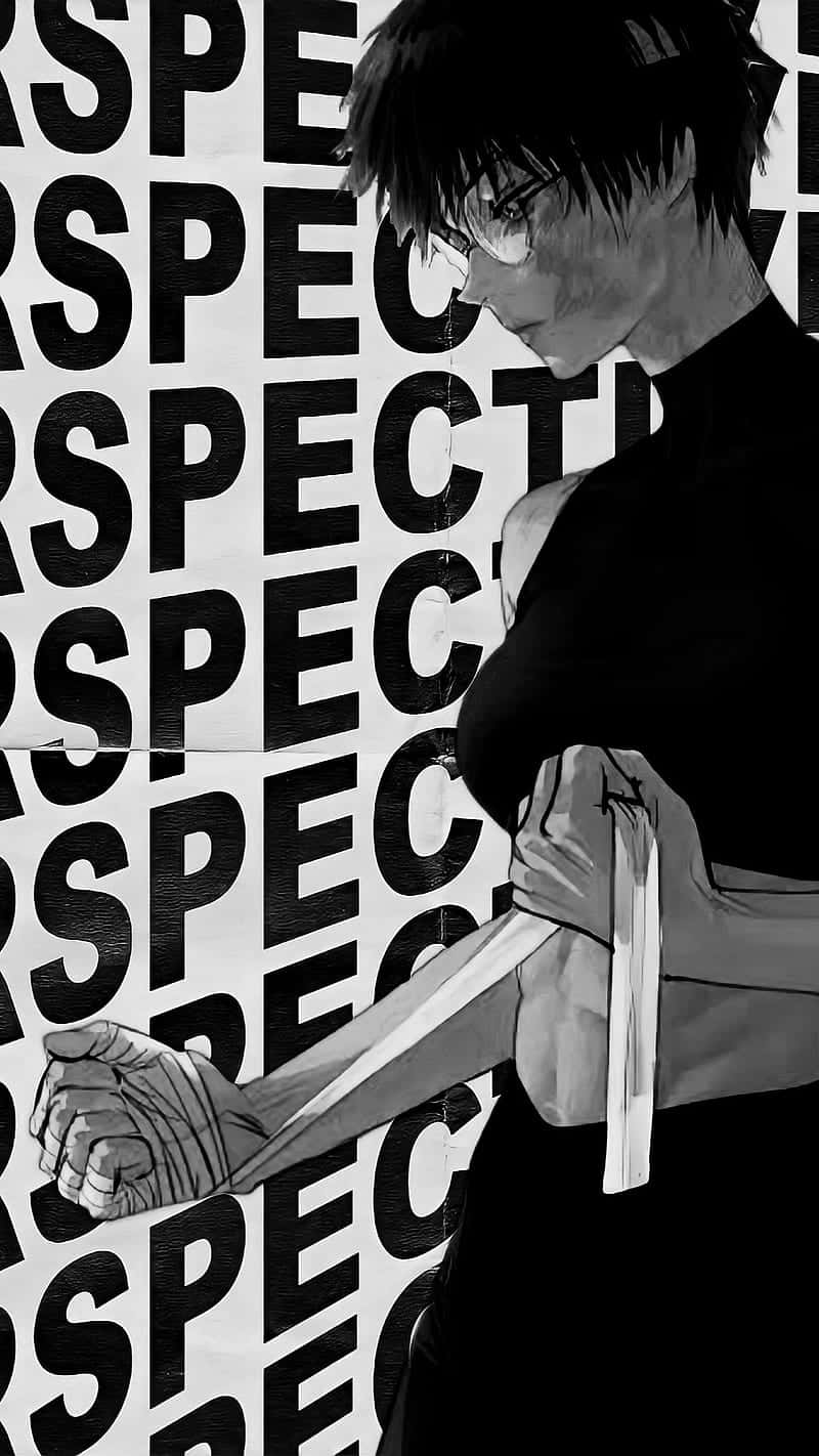  壁紙 — 一個戴眼鏡的黑白動漫角色，在重複的「RESPECT」文字背景中緊握刀刃。