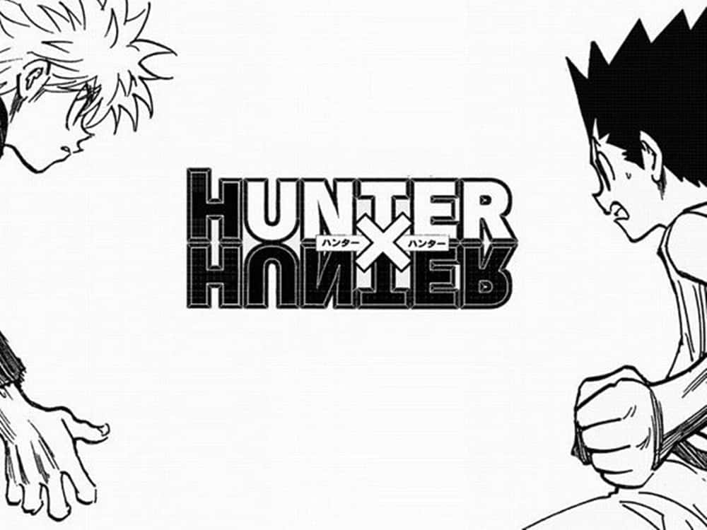 獵人 x 獵人 桌布 壁紙 — 《Hunter x Hunter》的黑白動畫標誌，兩側有兩個動態姿勢的角色。