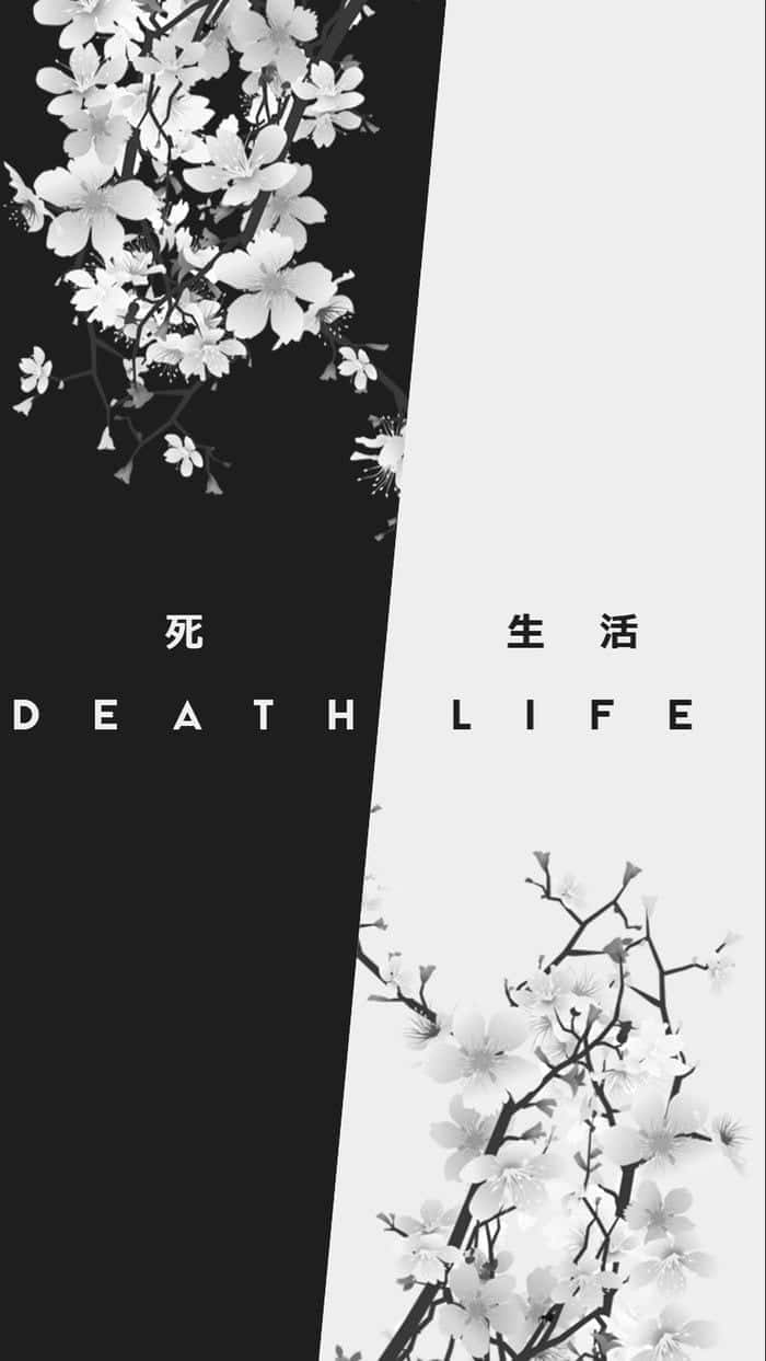  壁紙 — 黑白櫻花框出死亡與生命文字之間的鮮明對角線分割。