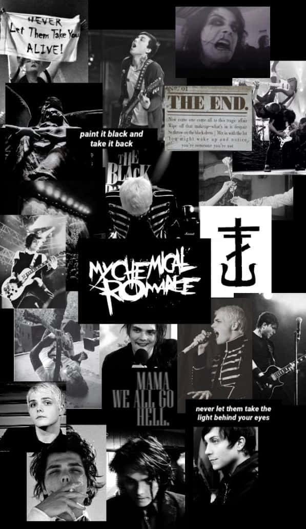my chemical romance 桌布 壁紙 — My Chemical Romance 樂團成員以標誌性歌詞和圖像表演和擺姿勢的黑白拼貼畫。