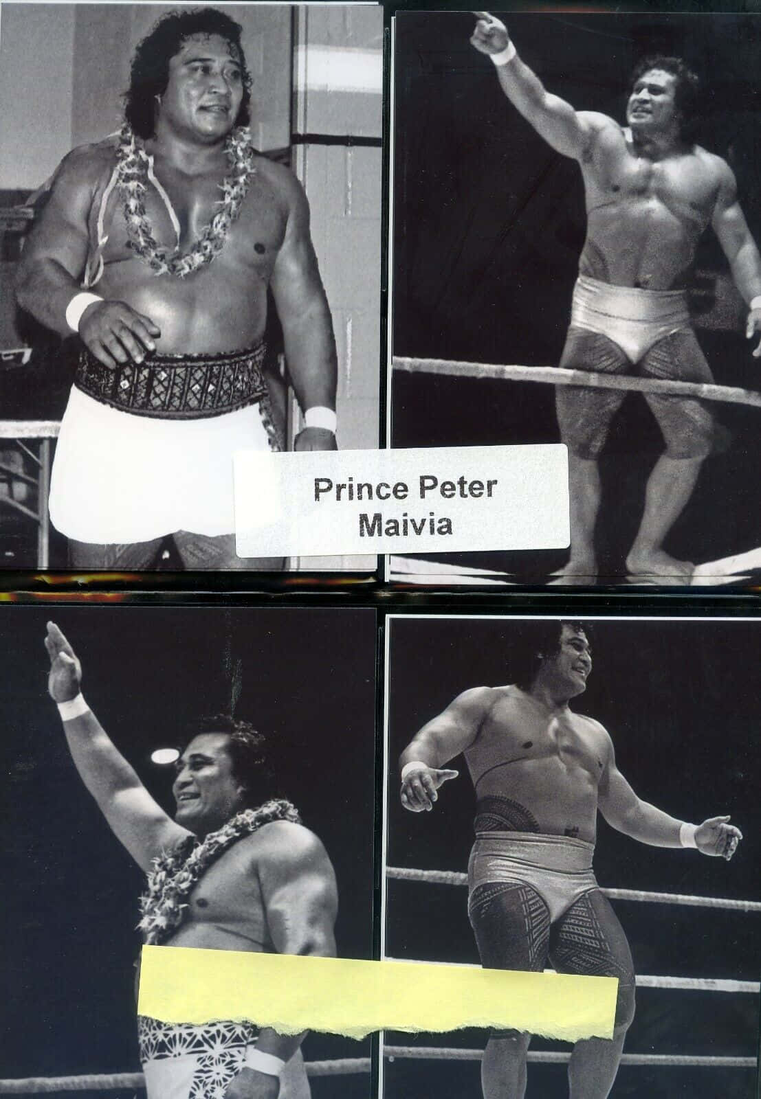 Monochrome 桌布 壁紙 — Prince Peter Maivia 在摔角擂台上穿著傳統花環和短褲，以各種姿勢的黑白拼貼畫。