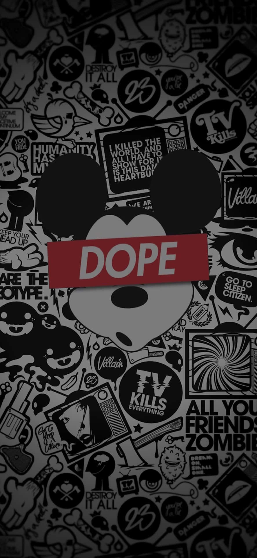  壁紙 — 黑白塗鴉風格壁紙，米奇老鼠頭部剪影，紅色 'DOPE' 橫幅覆蓋在流行文化貼紙的混亂拼貼上。