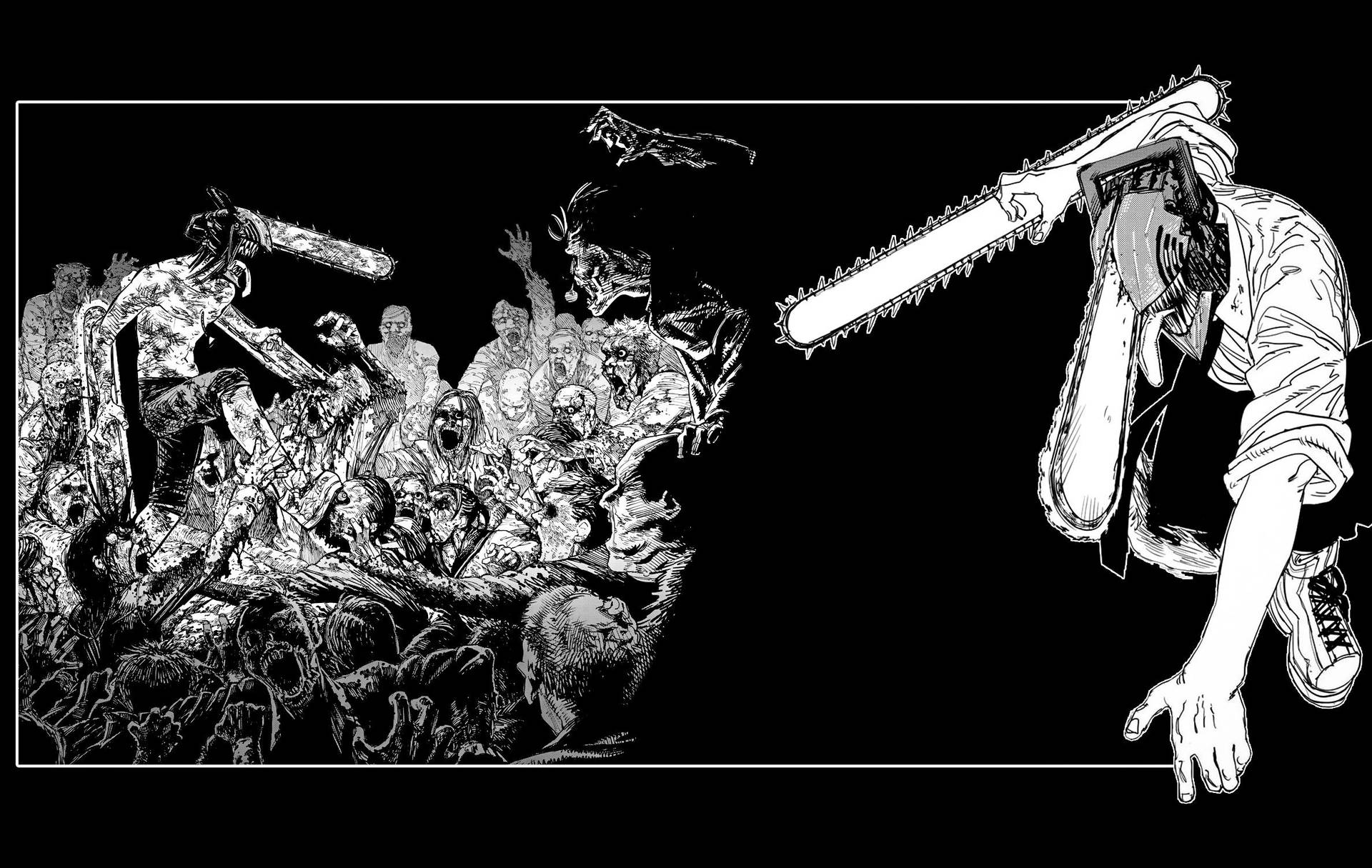 手持電鋸的人物在黑白插圖中面對一群尖叫的殭屍。 — 鏈鋸人 壁紙