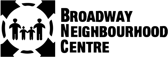 Logo Design 桌布 壁紙 — Broadway Neighbourhood Centre 的黑白標誌，圓形徽章內有風格化的人物圖案。