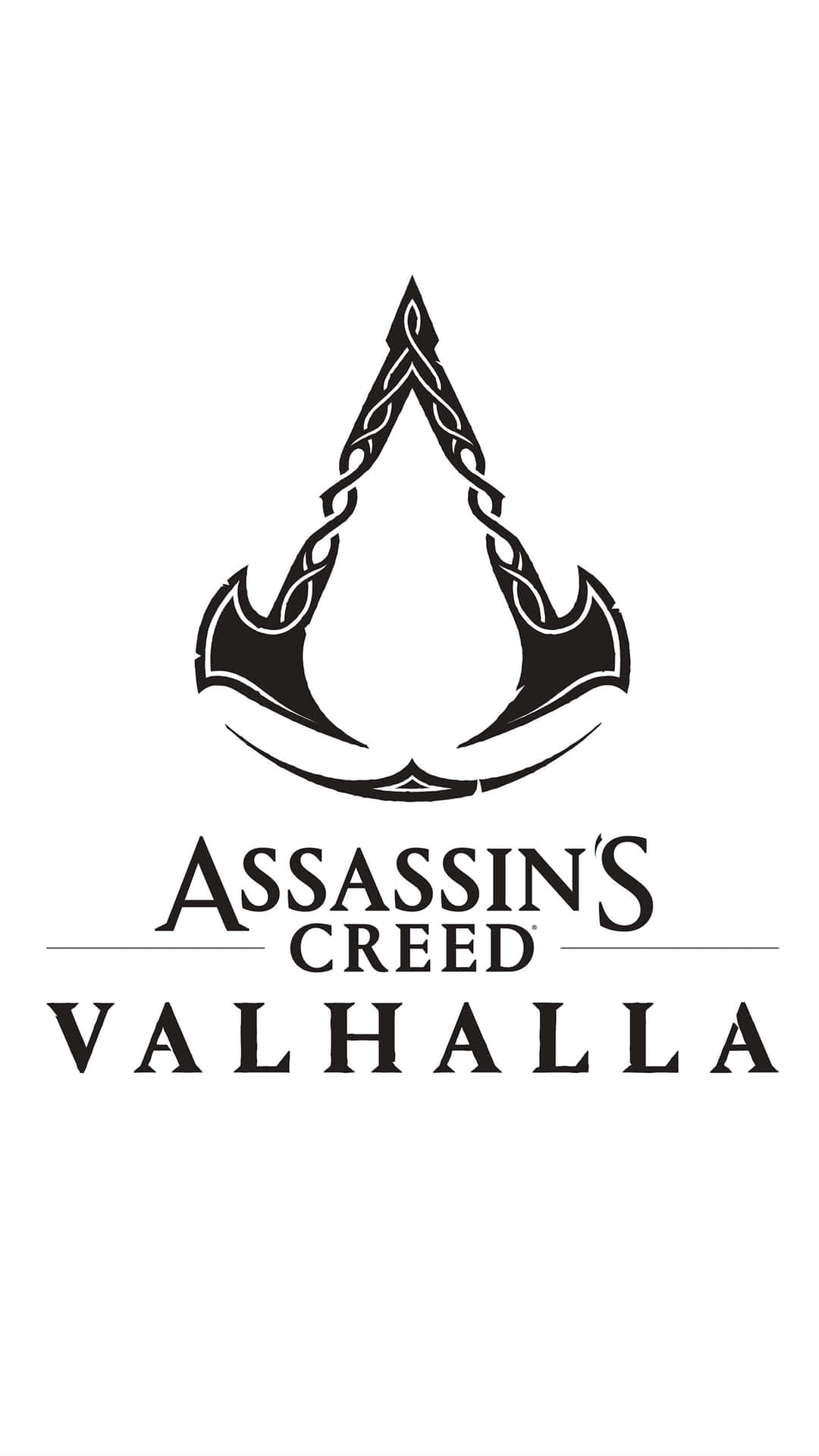 Assassin's Creed Valhalla 標誌，帶有維京斧頭和凱爾特結設計。 — 4K 壁紙