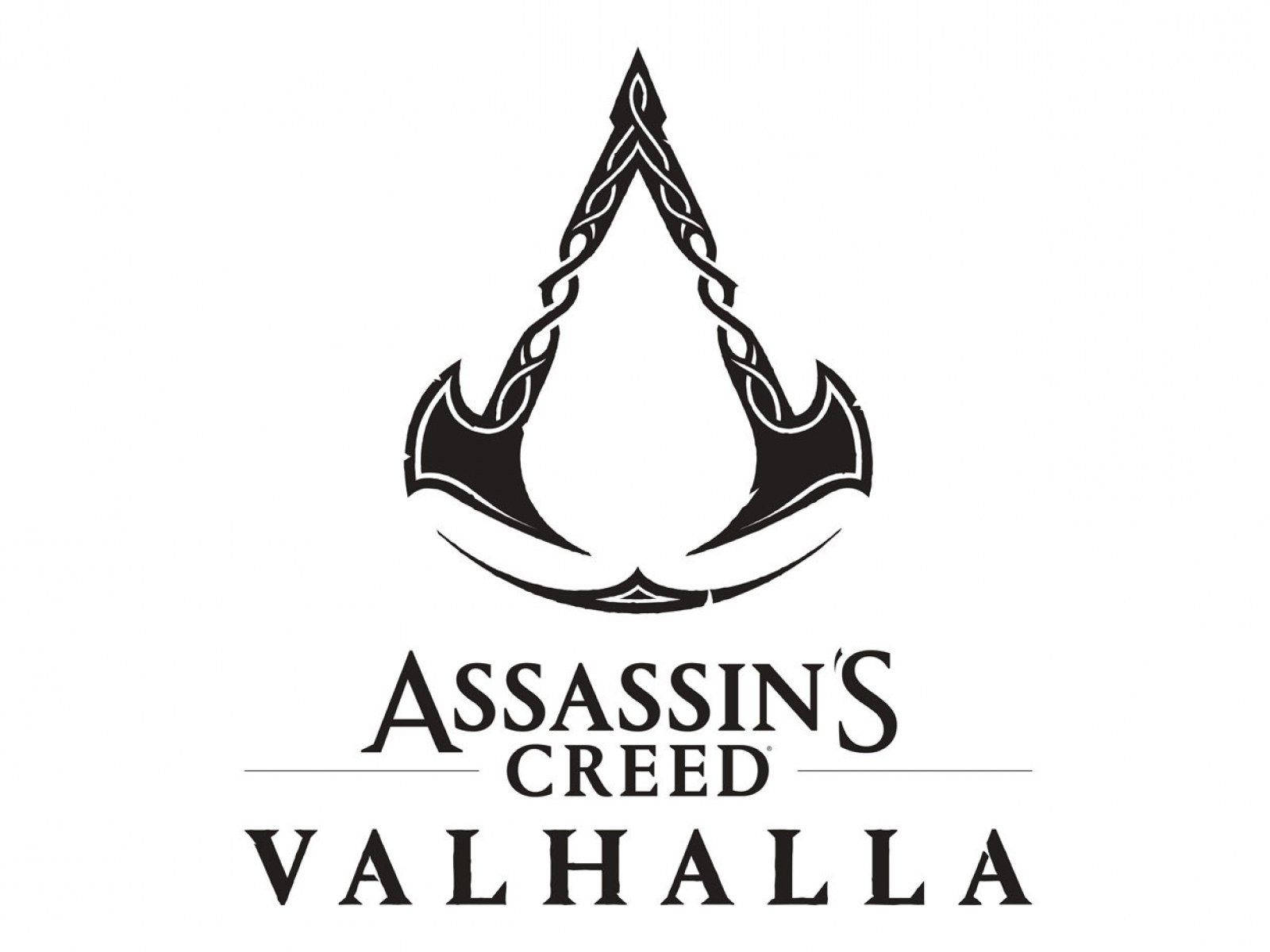 Valhalla 桌布 壁紙 — Assassin's Creed Valhalla 的黑白標誌，以純白色背景上的風格化維京斧頭搭配凱爾特結飾為特色。